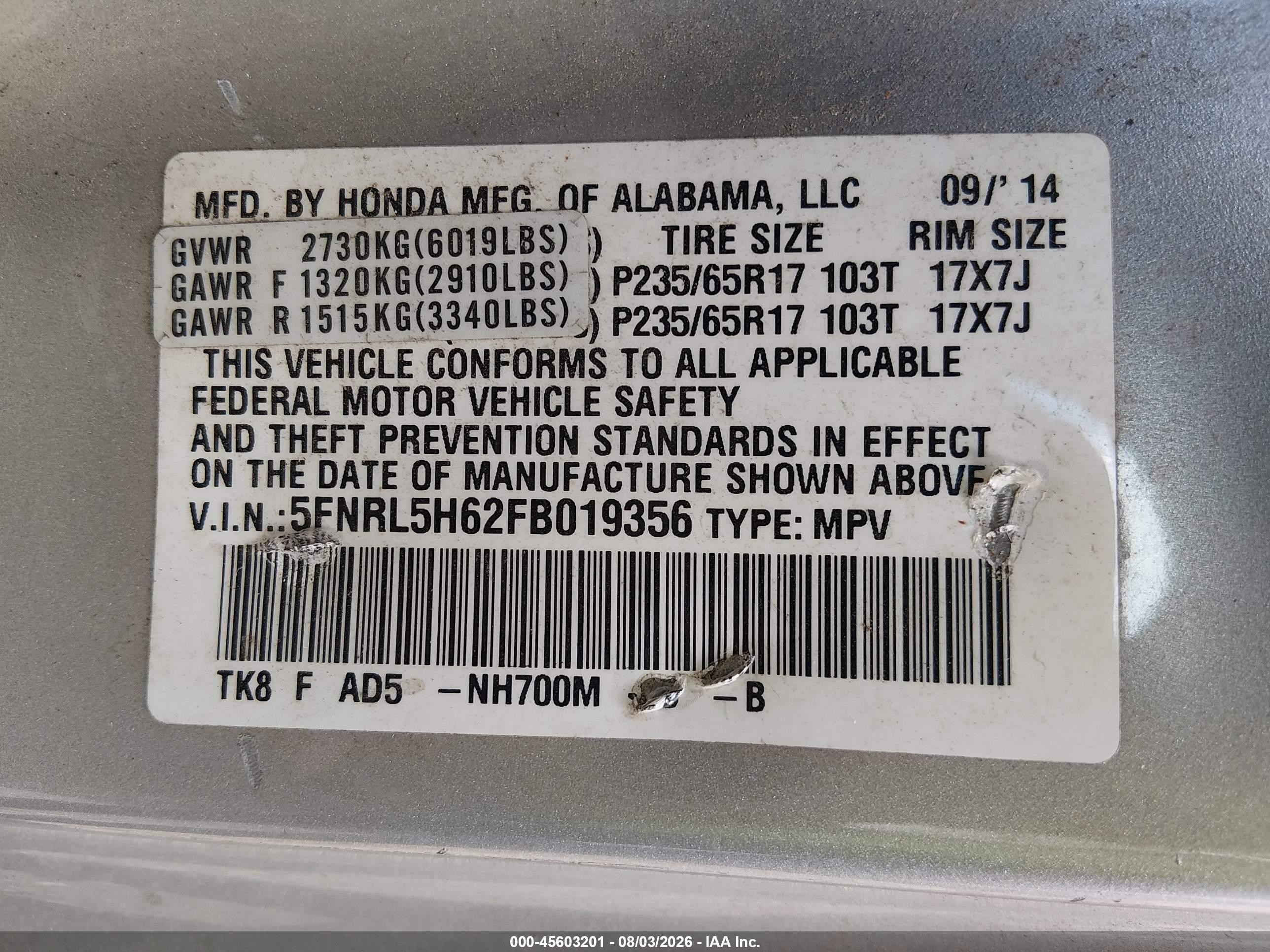 2015 Honda Odyssey Ex-l Silver vin: 5FNRL5H62FB019356
