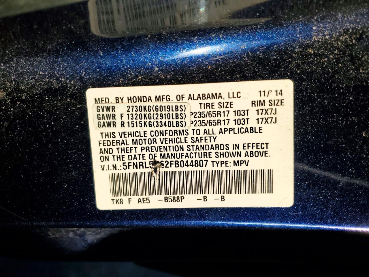 2015 Honda Odyssey Exl Blue vin: 5FNRL5H62FB044807
