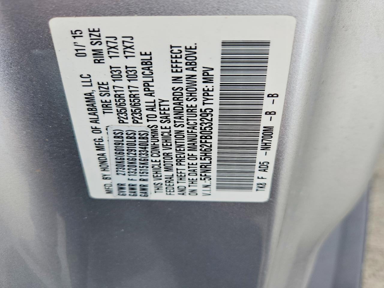 2015 Honda Odyssey Exl Silver vin: 5FNRL5H62FB053295