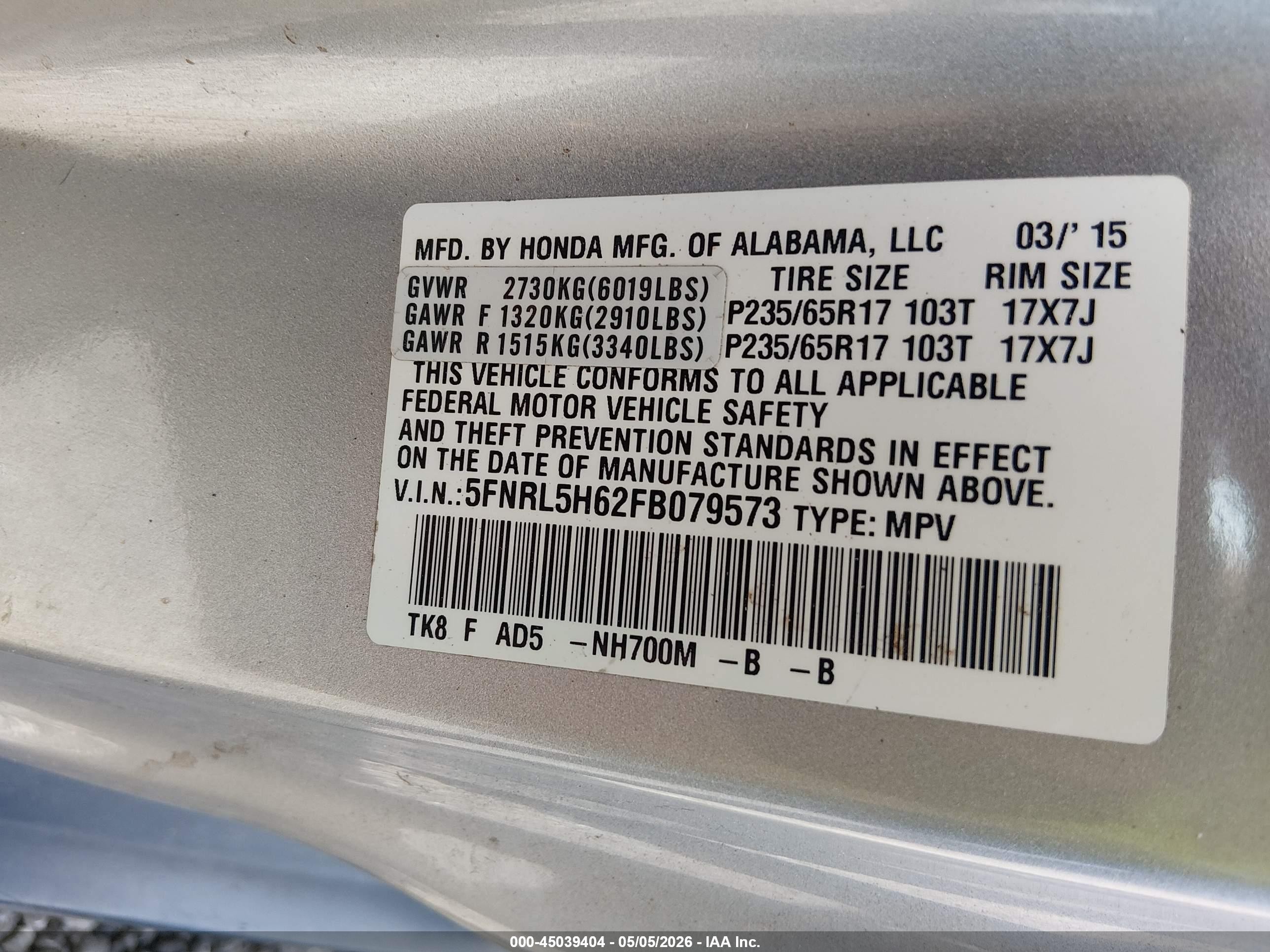 2015 Honda Odyssey Ex-l Silver vin: 5FNRL5H62FB079573