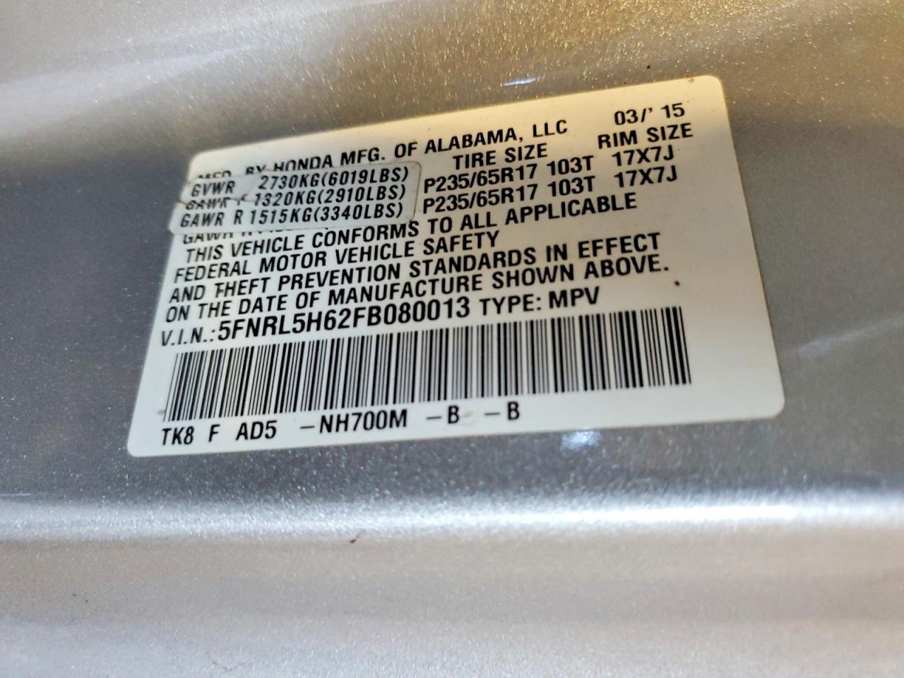 2015 Honda Odyssey Exl Серебряный vin: 5FNRL5H62FB080013