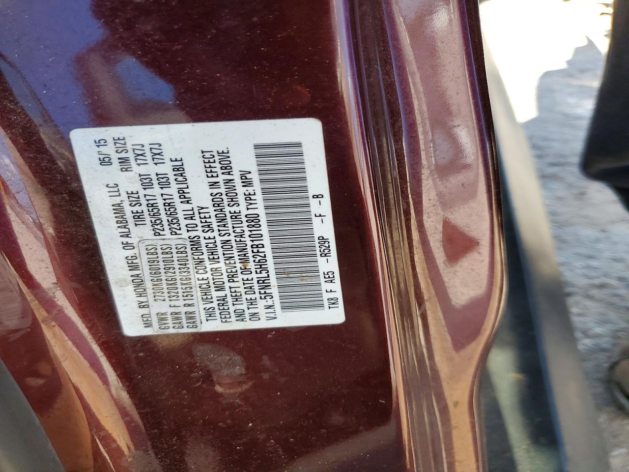 2015 Honda Odyssey Exl Burgundy vin: 5FNRL5H62FB101880