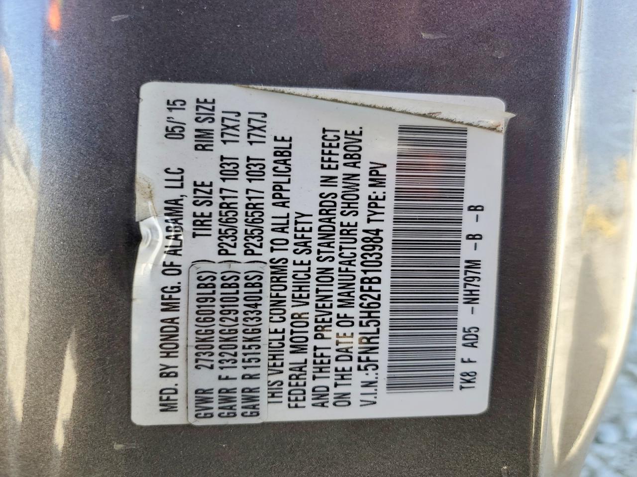 2015 Honda Odyssey Exl Gray vin: 5FNRL5H62FB103984
