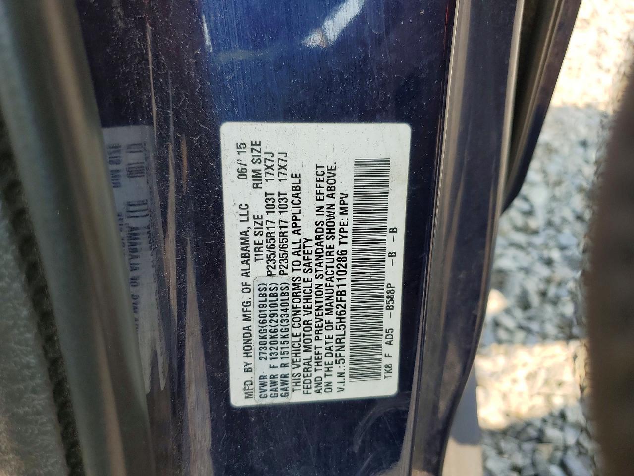 2015 Honda Odyssey Exl Blue vin: 5FNRL5H62FB110286