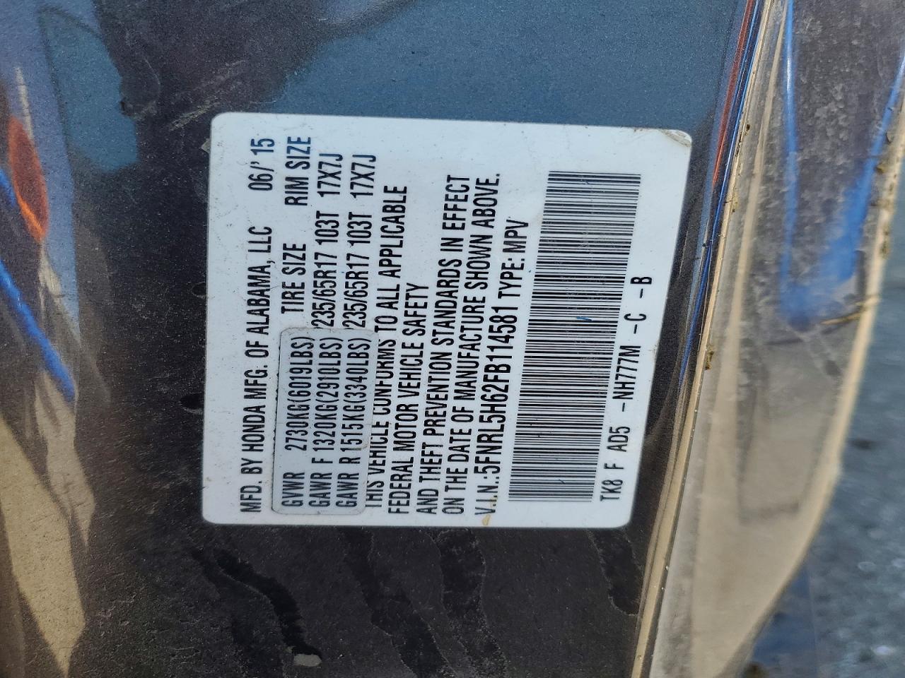 2015 Honda Odyssey Exl Gray vin: 5FNRL5H62FB114581