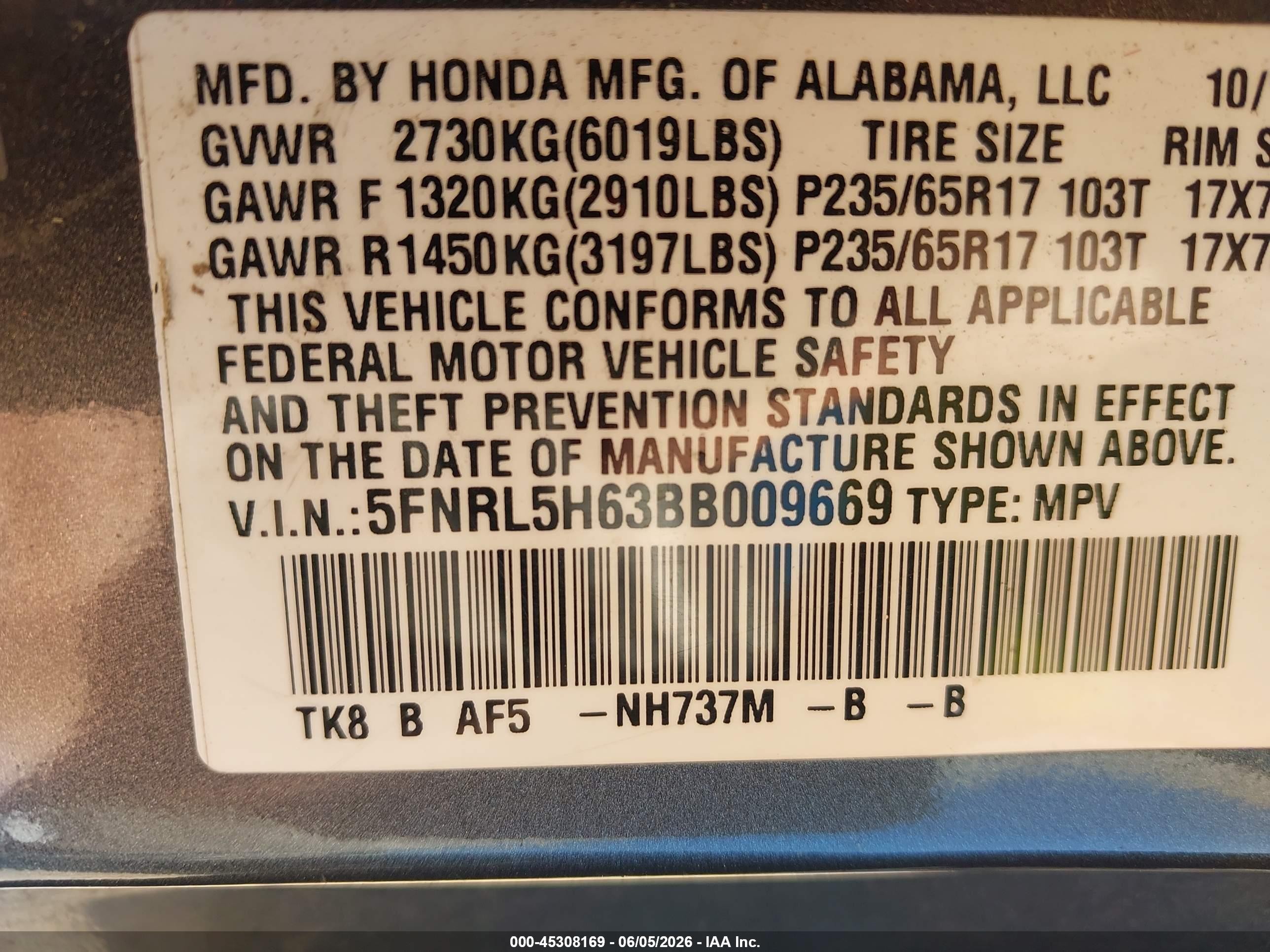 2011 Honda Odyssey Ex-l Gray vin: 5FNRL5H63BB009669