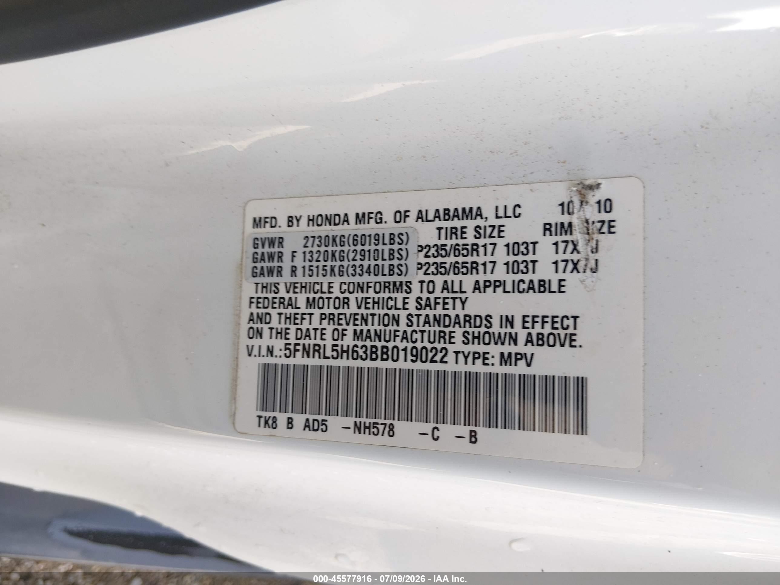 2011 Honda Odyssey Ex-l White vin: 5FNRL5H63BB019022