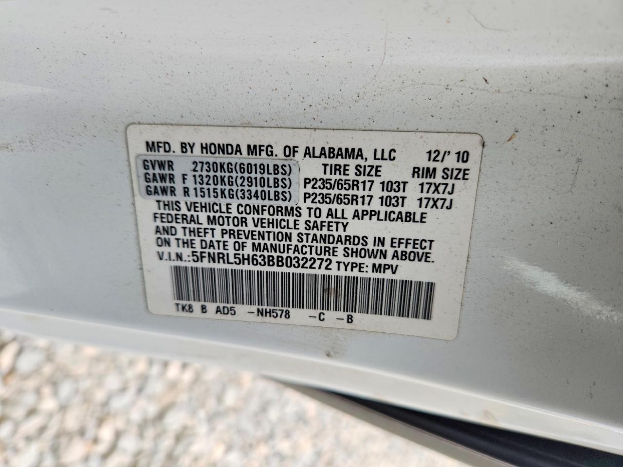 2011 Honda Odyssey Exl White vin: 5FNRL5H63BB032272
