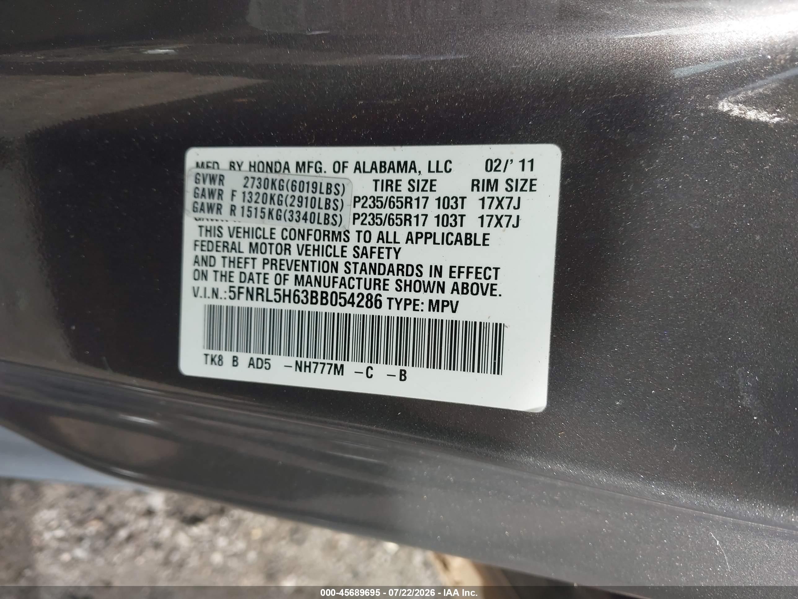 2011 Honda Odyssey Ex-l Gray vin: 5FNRL5H63BB054286