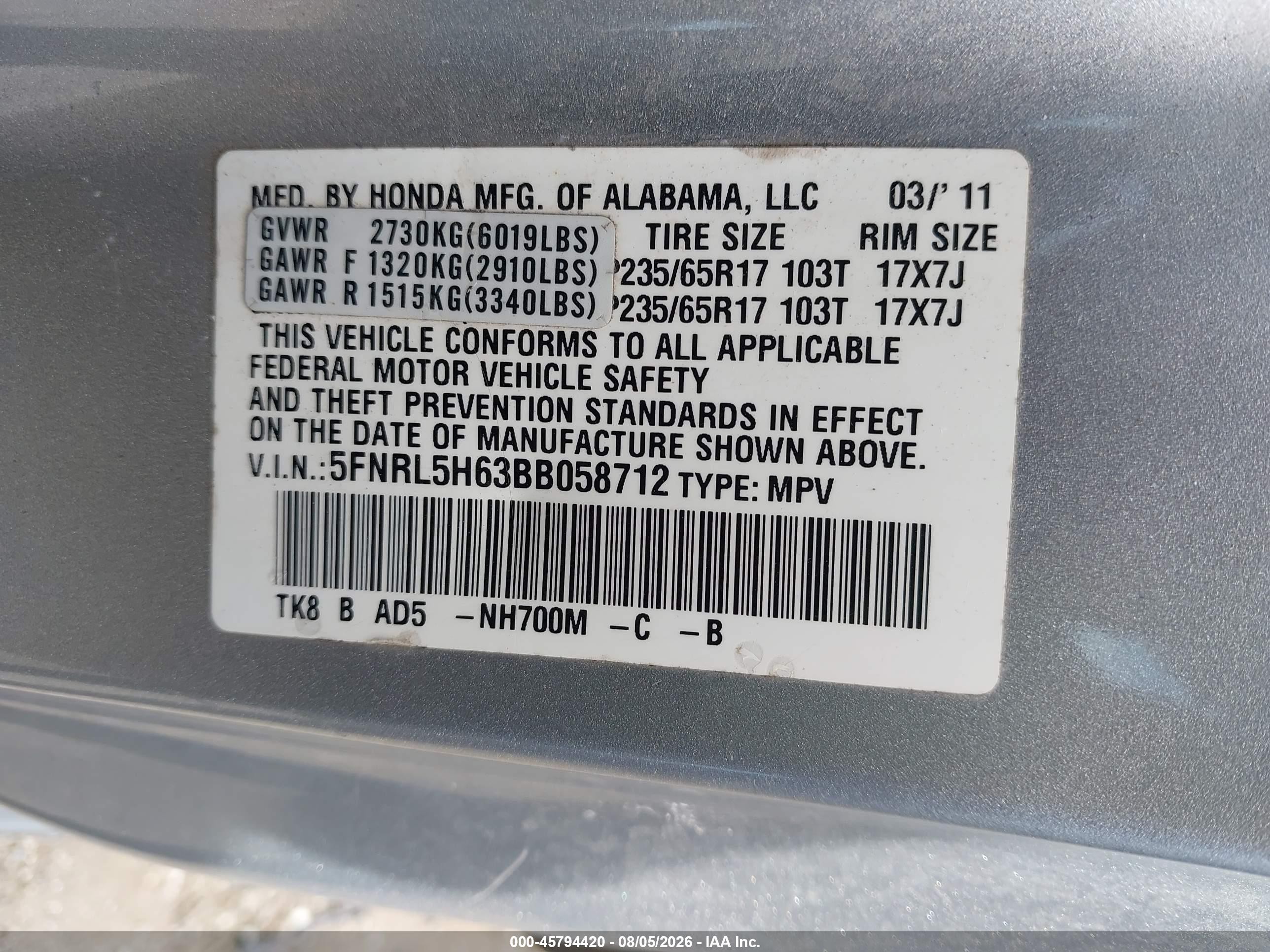 2011 Honda Odyssey Ex-l Silver vin: 5FNRL5H63BB058712