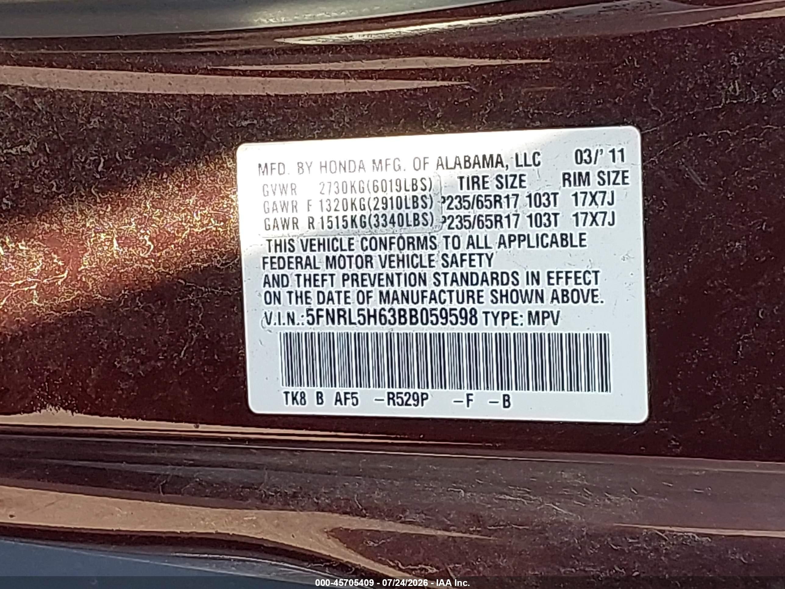 2011 Honda Odyssey Ex-l Red vin: 5FNRL5H63BB059598