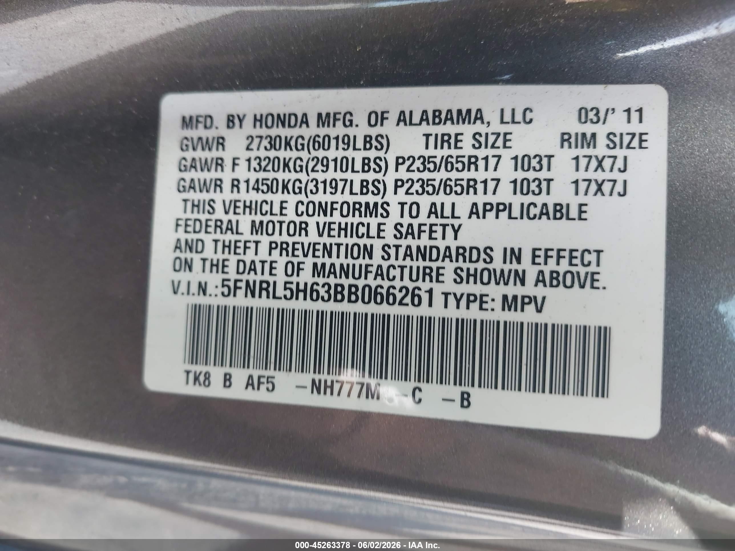 2011 Honda Odyssey Ex-l Gray vin: 5FNRL5H63BB066261