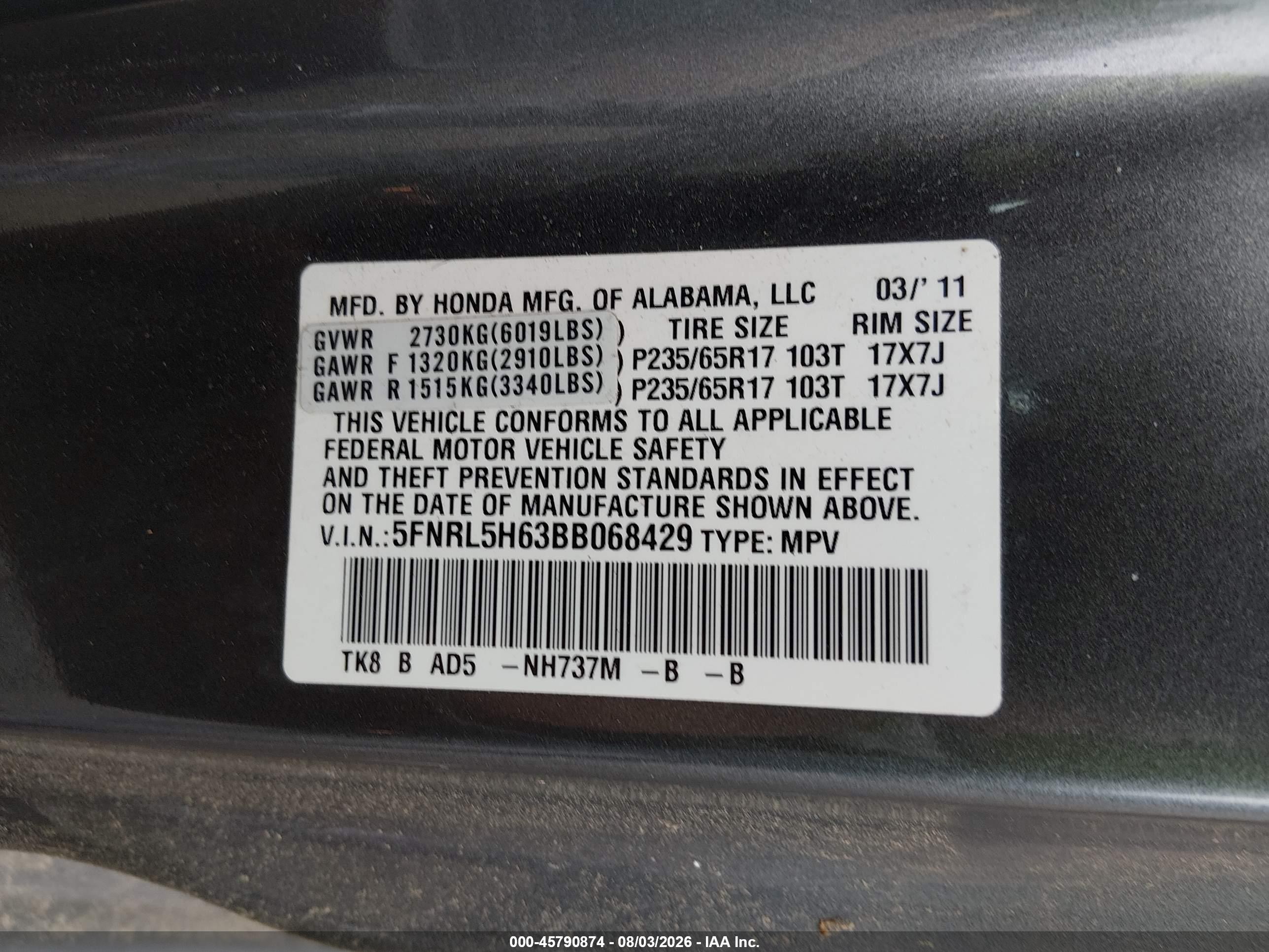 2011 Honda Odyssey Ex-l Gray vin: 5FNRL5H63BB068429