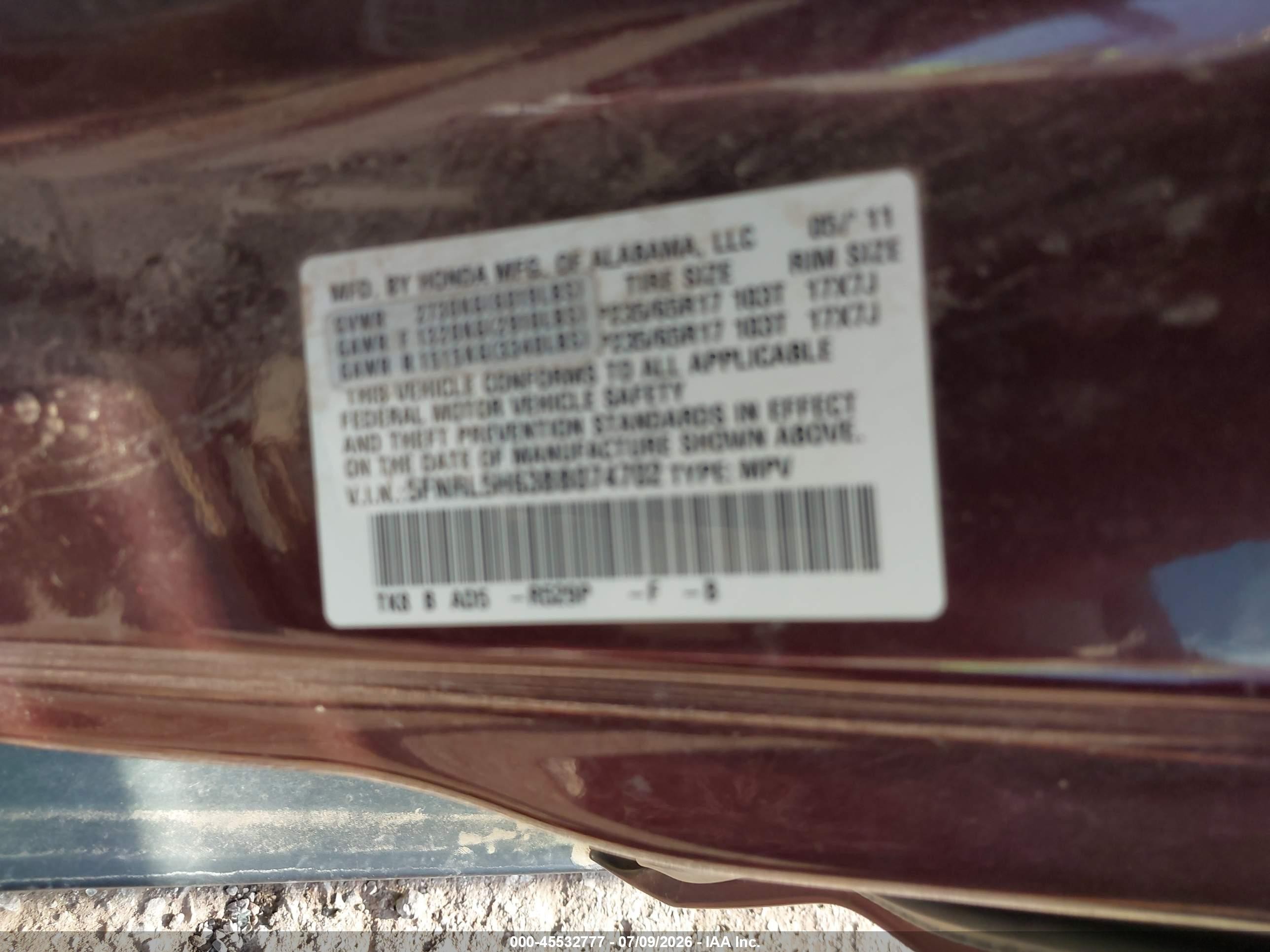 2011 Honda Odyssey Ex-l Burgundy vin: 5FNRL5H63BB074702