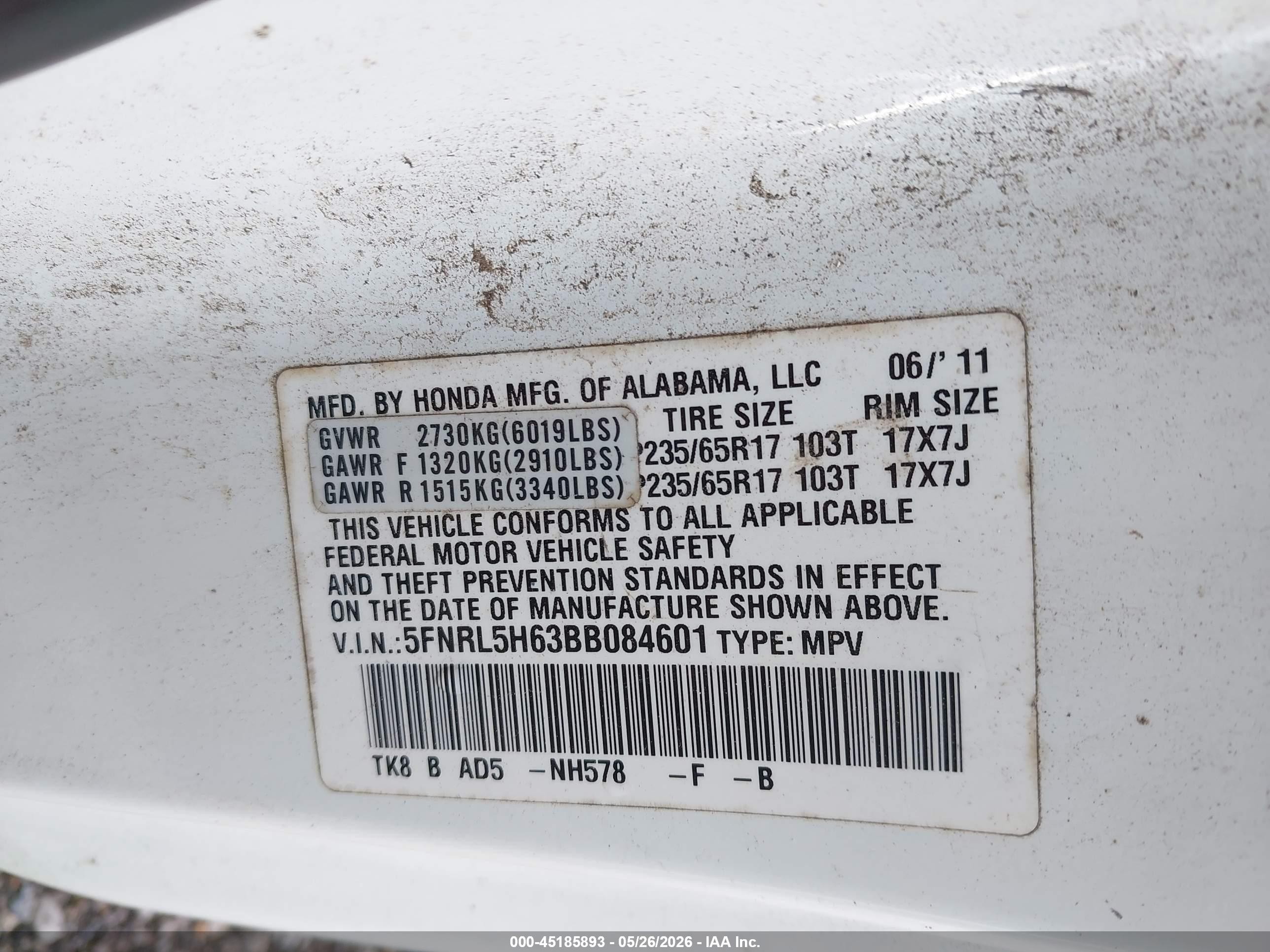 2011 Honda Odyssey Ex-l White vin: 5FNRL5H63BB084601