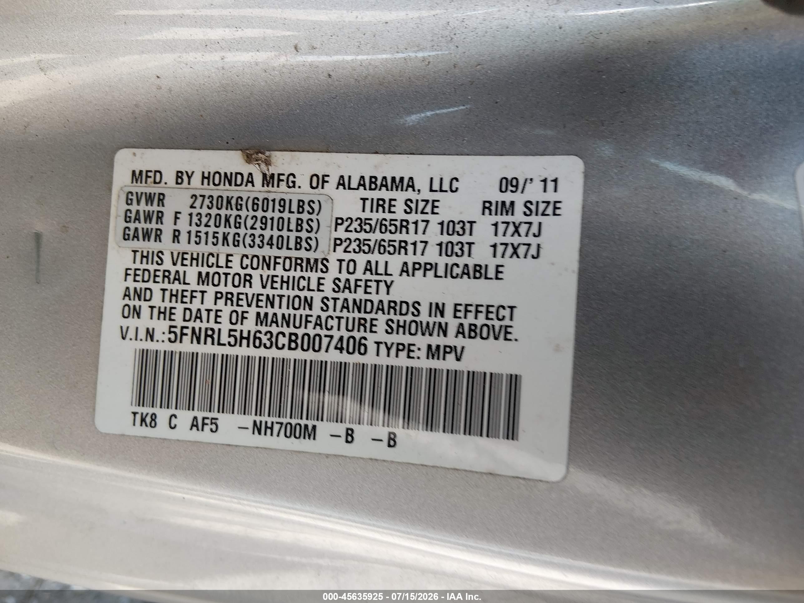 2012 Honda Odyssey Ex-l Light Blue vin: 5FNRL5H63CB007406