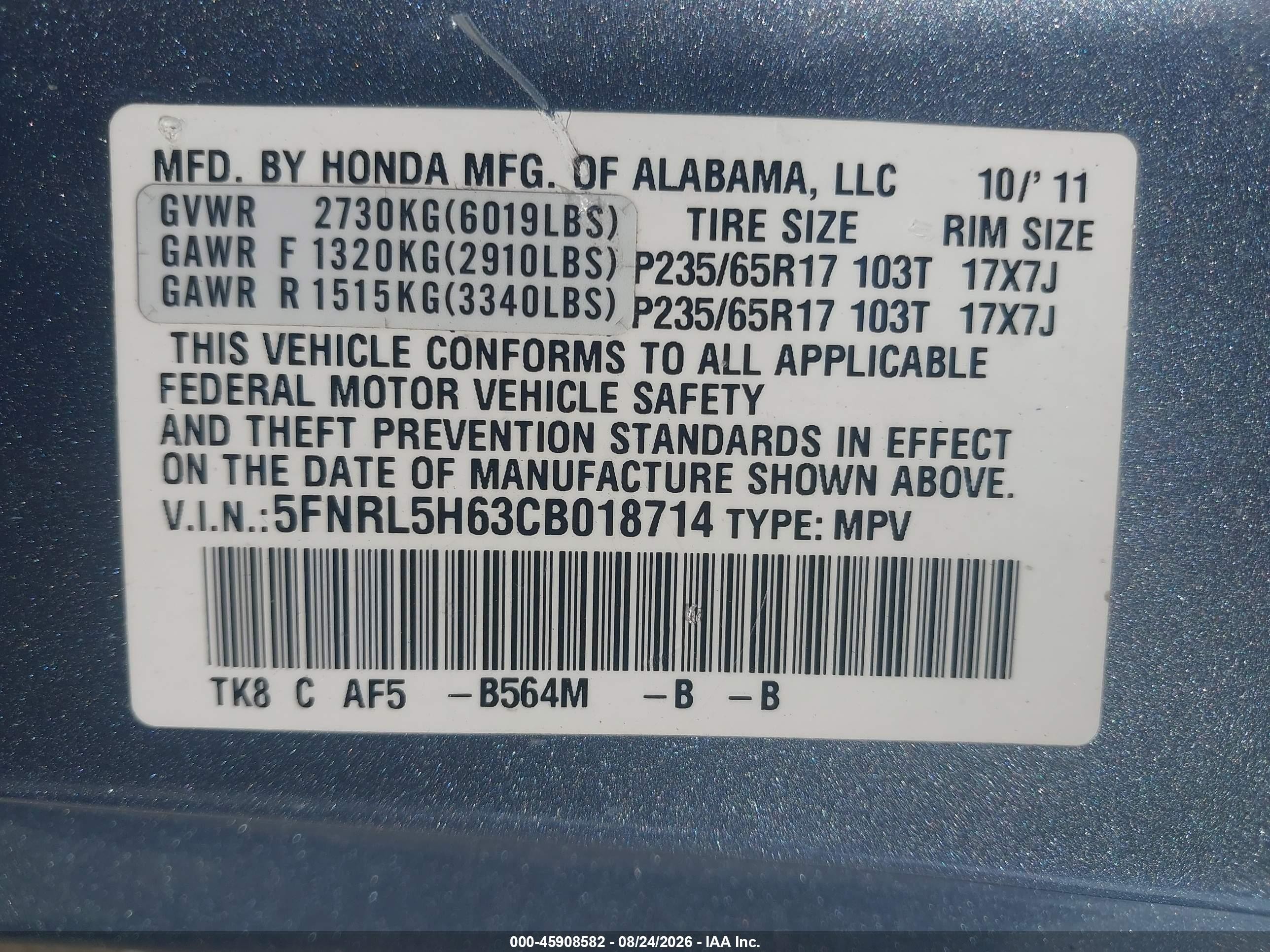 2012 Honda Odyssey Ex-l Blue vin: 5FNRL5H63CB018714