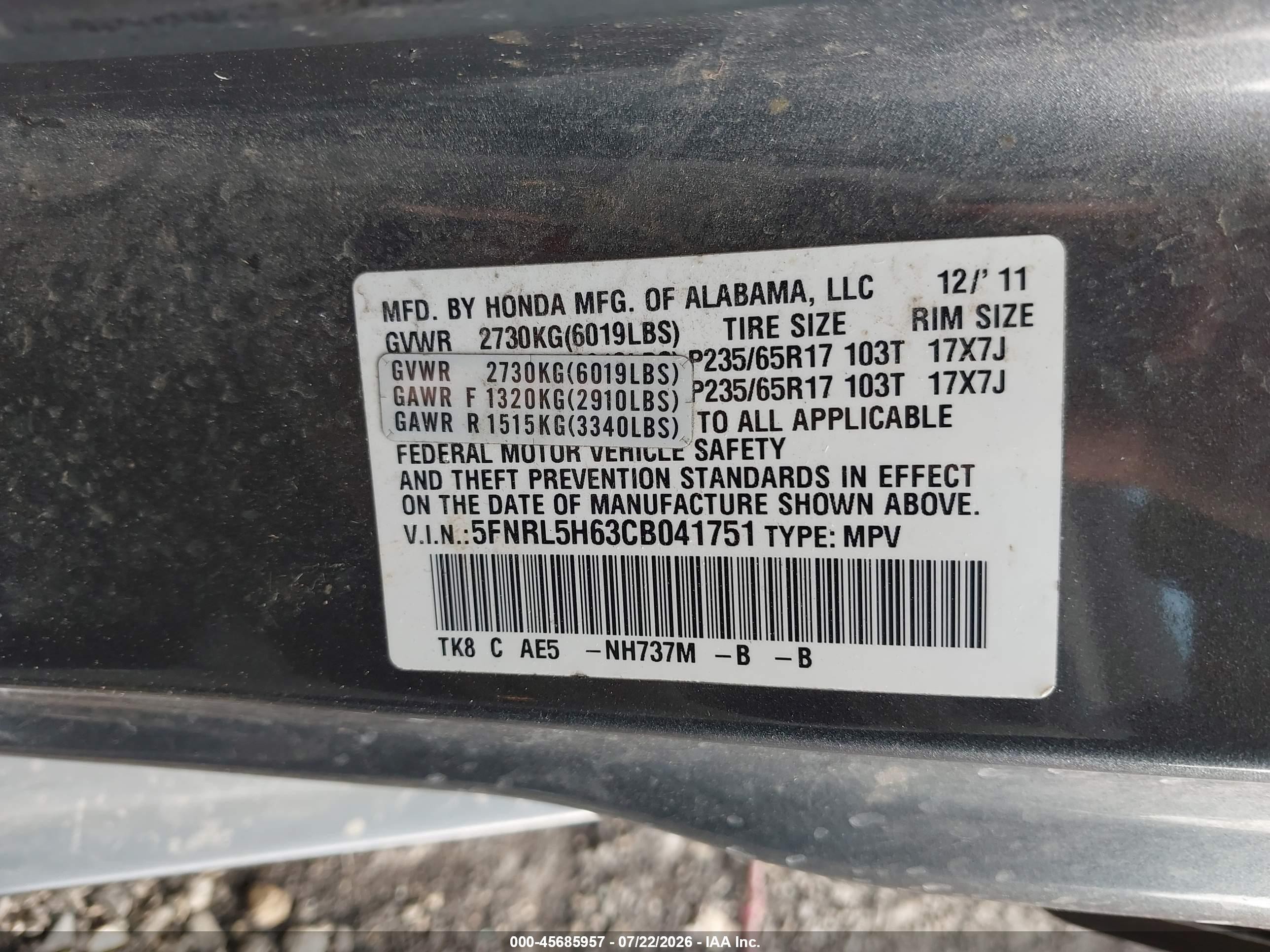 2012 Honda Odyssey Ex-l Gray vin: 5FNRL5H63CB041751