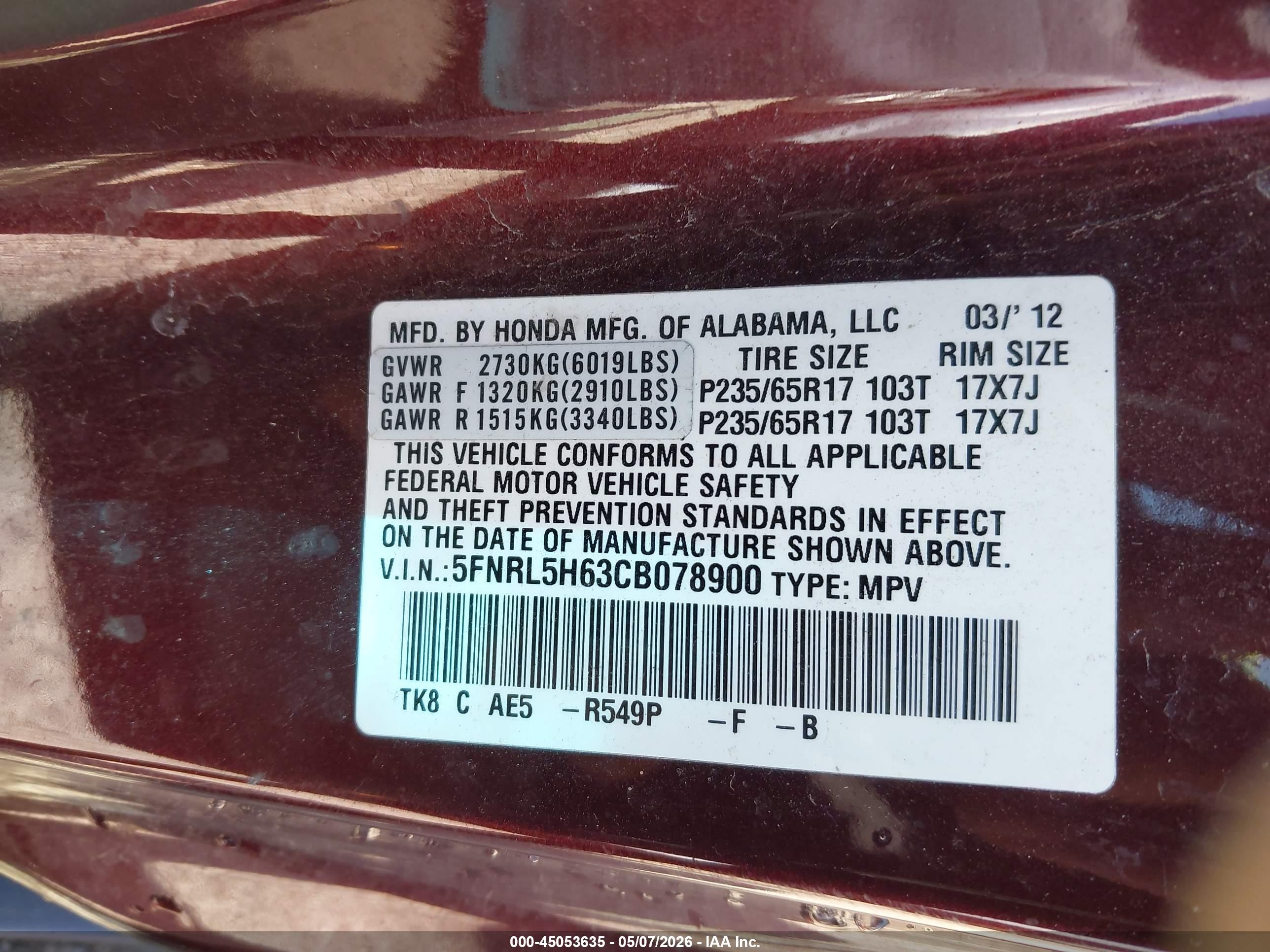2012 Honda Odyssey Ex-l Maroon vin: 5FNRL5H63CB078900