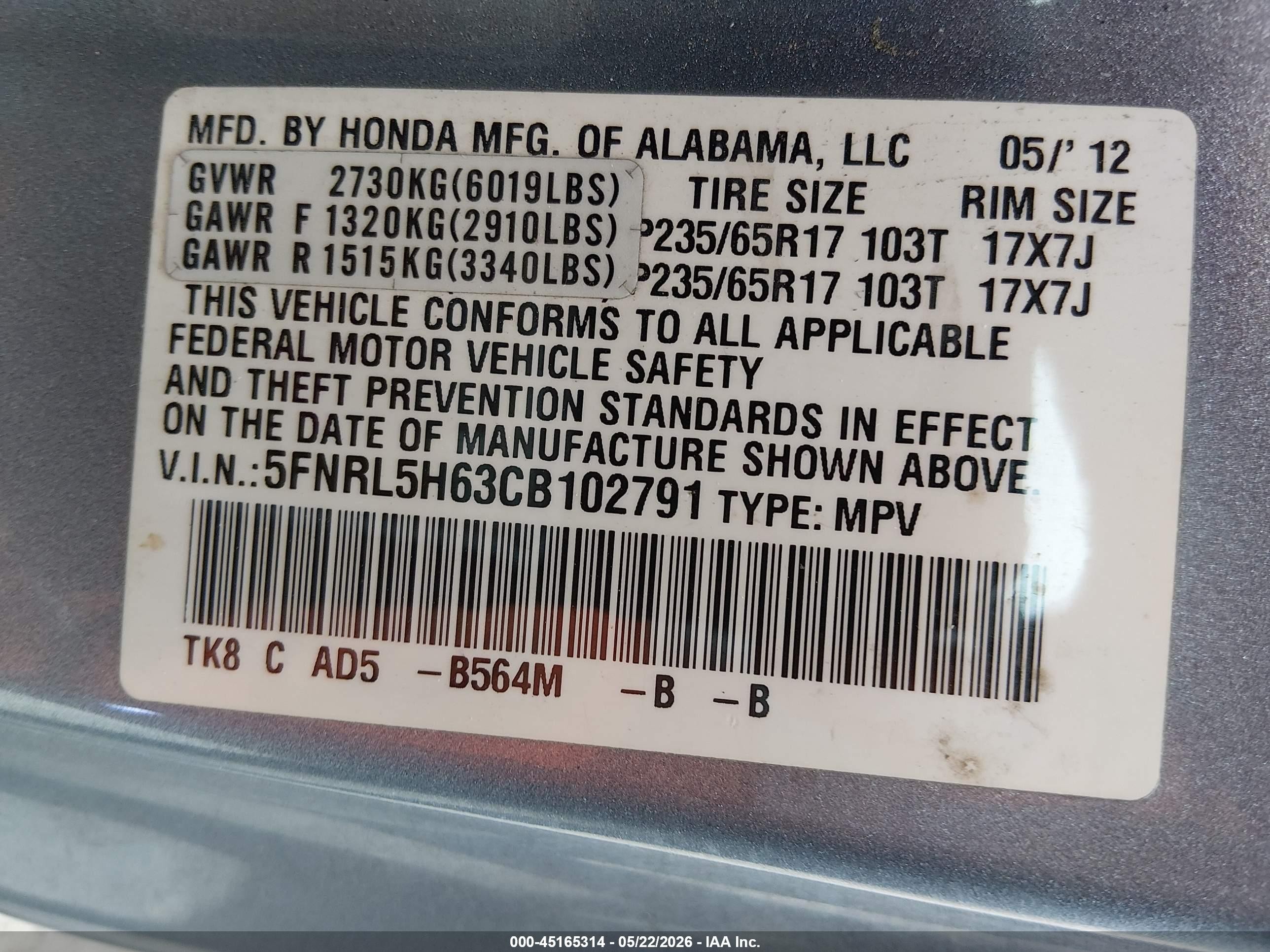 2012 Honda Odyssey Ex-l Light Blue vin: 5FNRL5H63CB102791