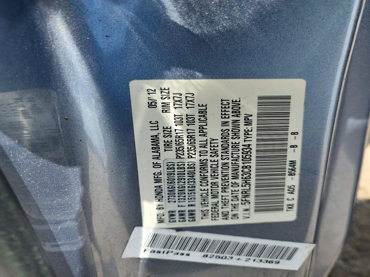 2012 Honda Odyssey Exl Blue vin: 5FNRL5H63CB105934