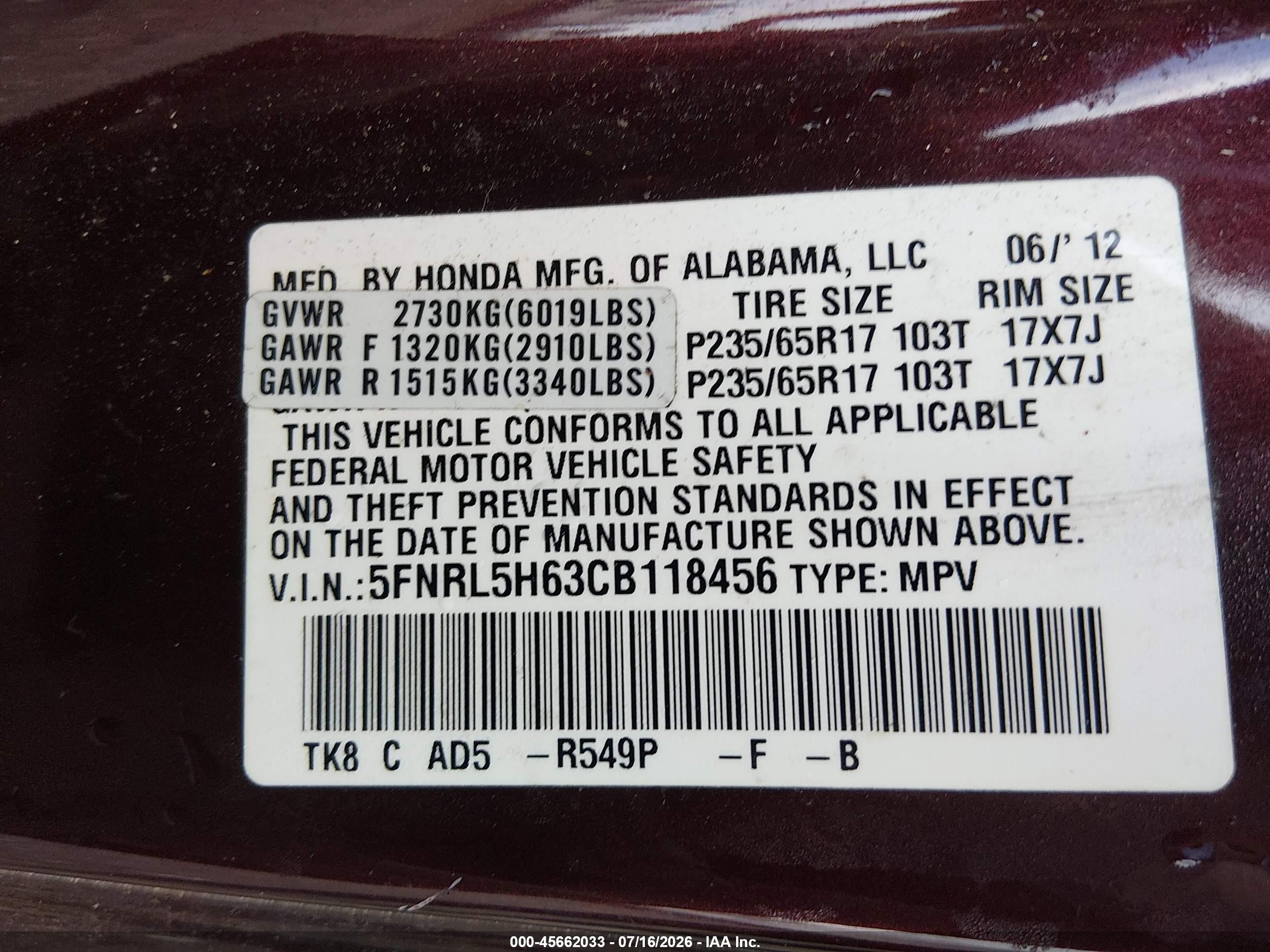 2012 Honda Odyssey Ex-l Maroon vin: 5FNRL5H63CB118456