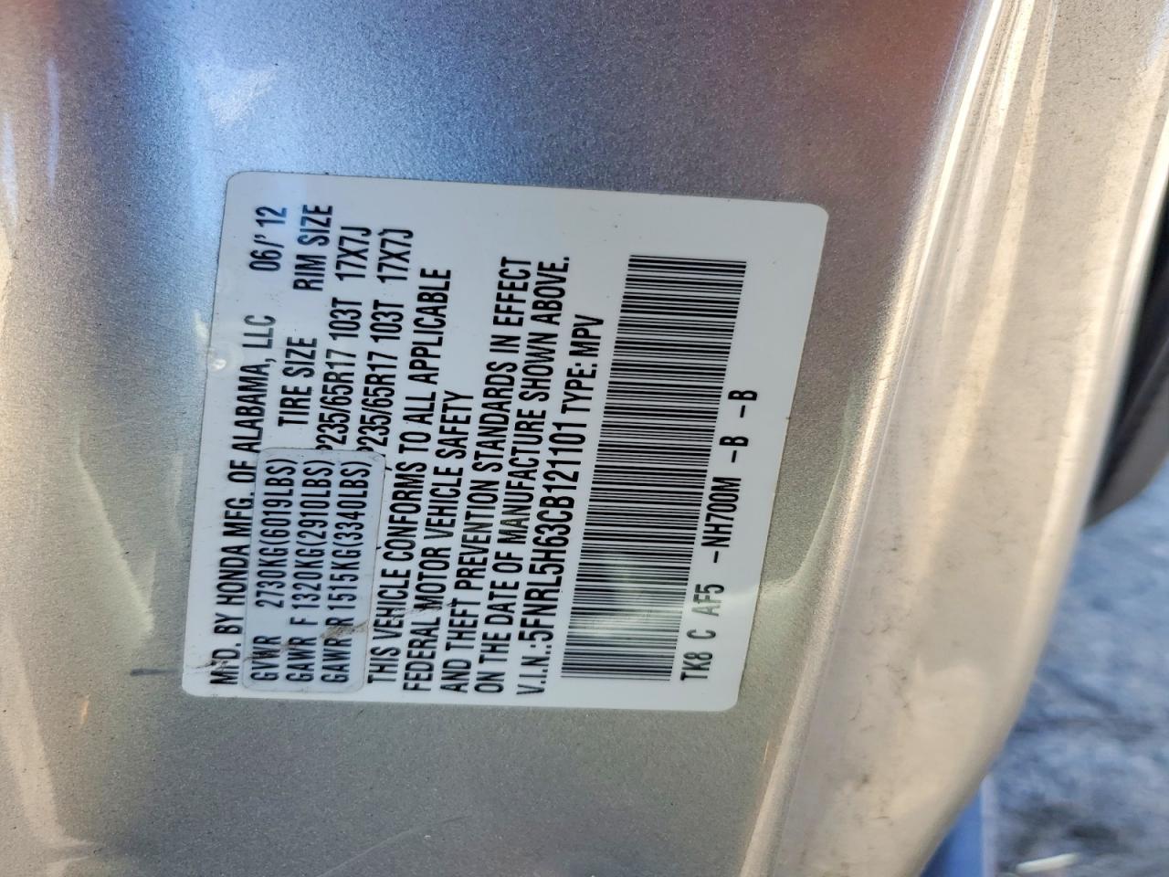 2012 Honda Odyssey Exl Silver vin: 5FNRL5H63CB121101