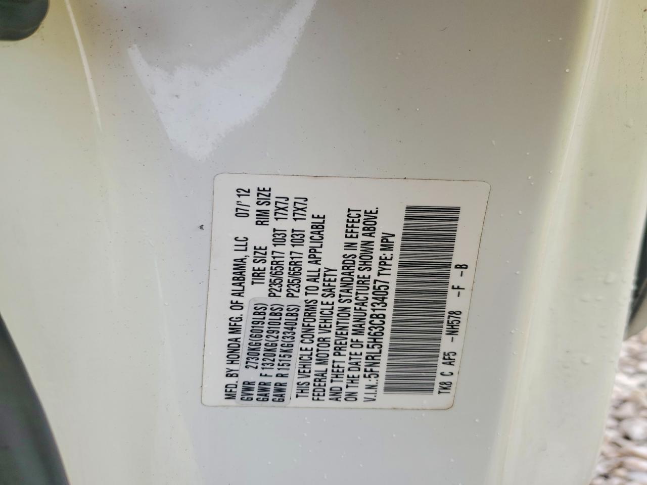 2012 Honda Odyssey Exl White vin: 5FNRL5H63CB134057