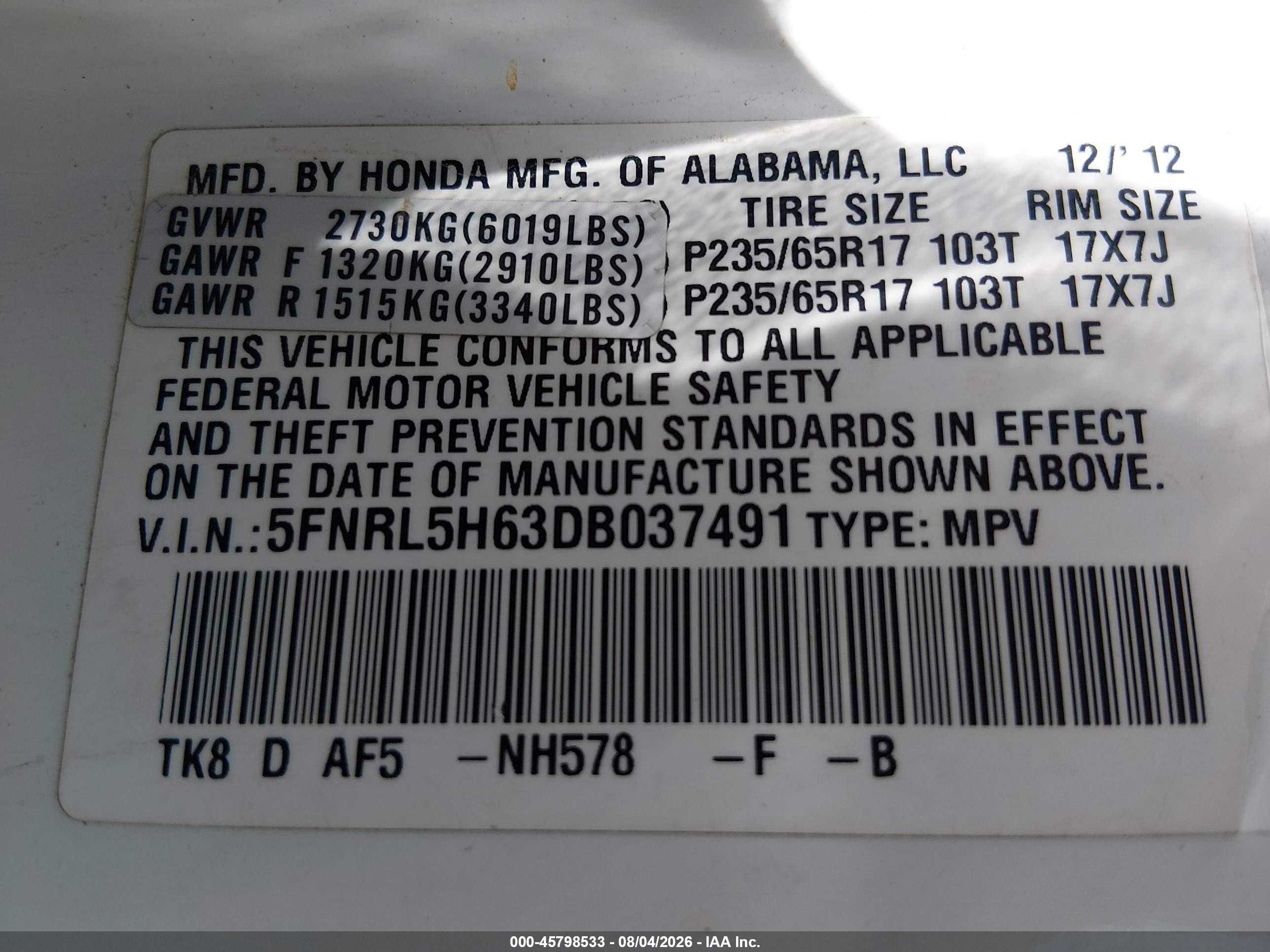 2013 Honda Odyssey Ex-l White vin: 5FNRL5H63DB037491
