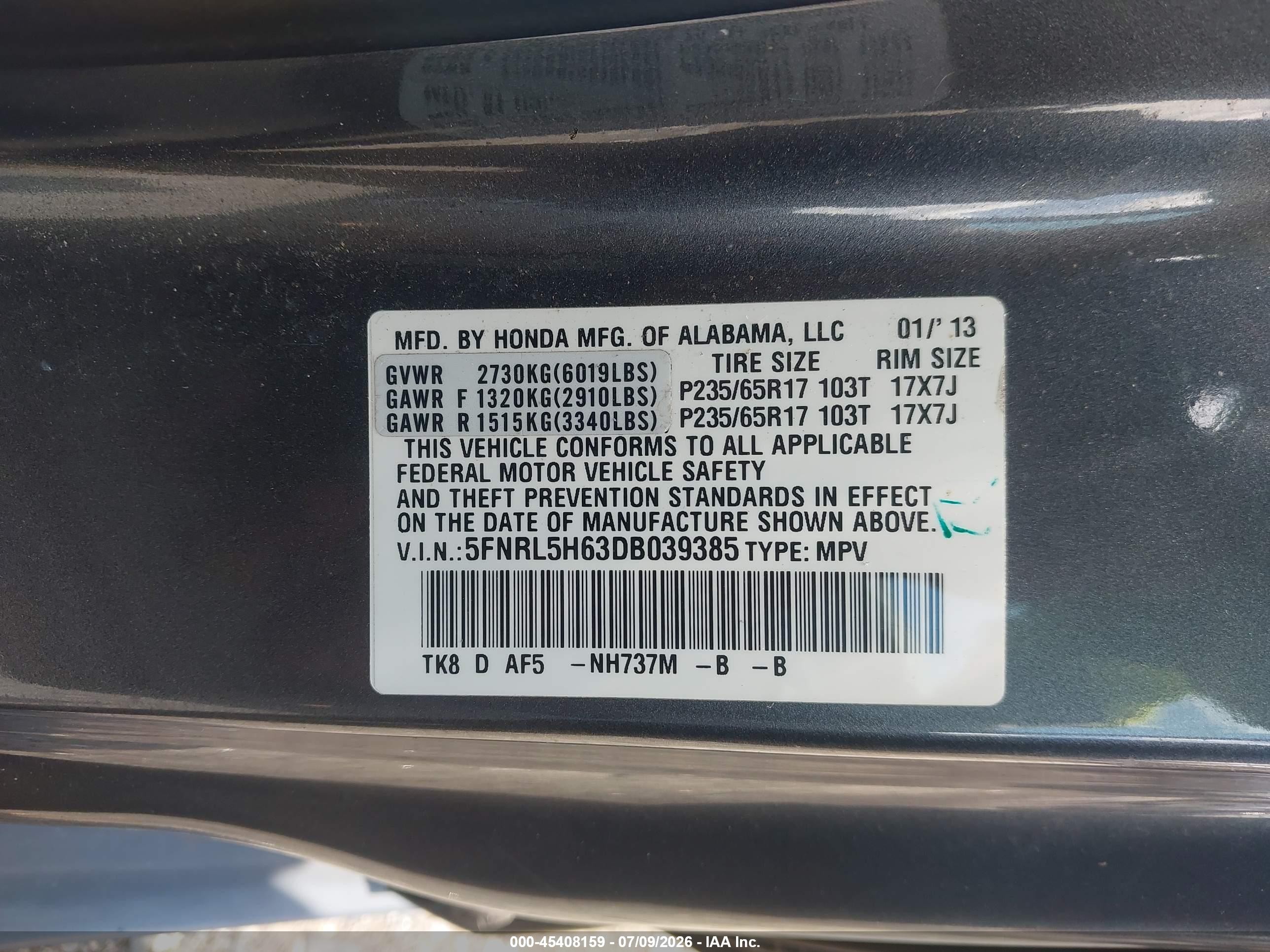2013 Honda Odyssey Ex-l Gray vin: 5FNRL5H63DB039385