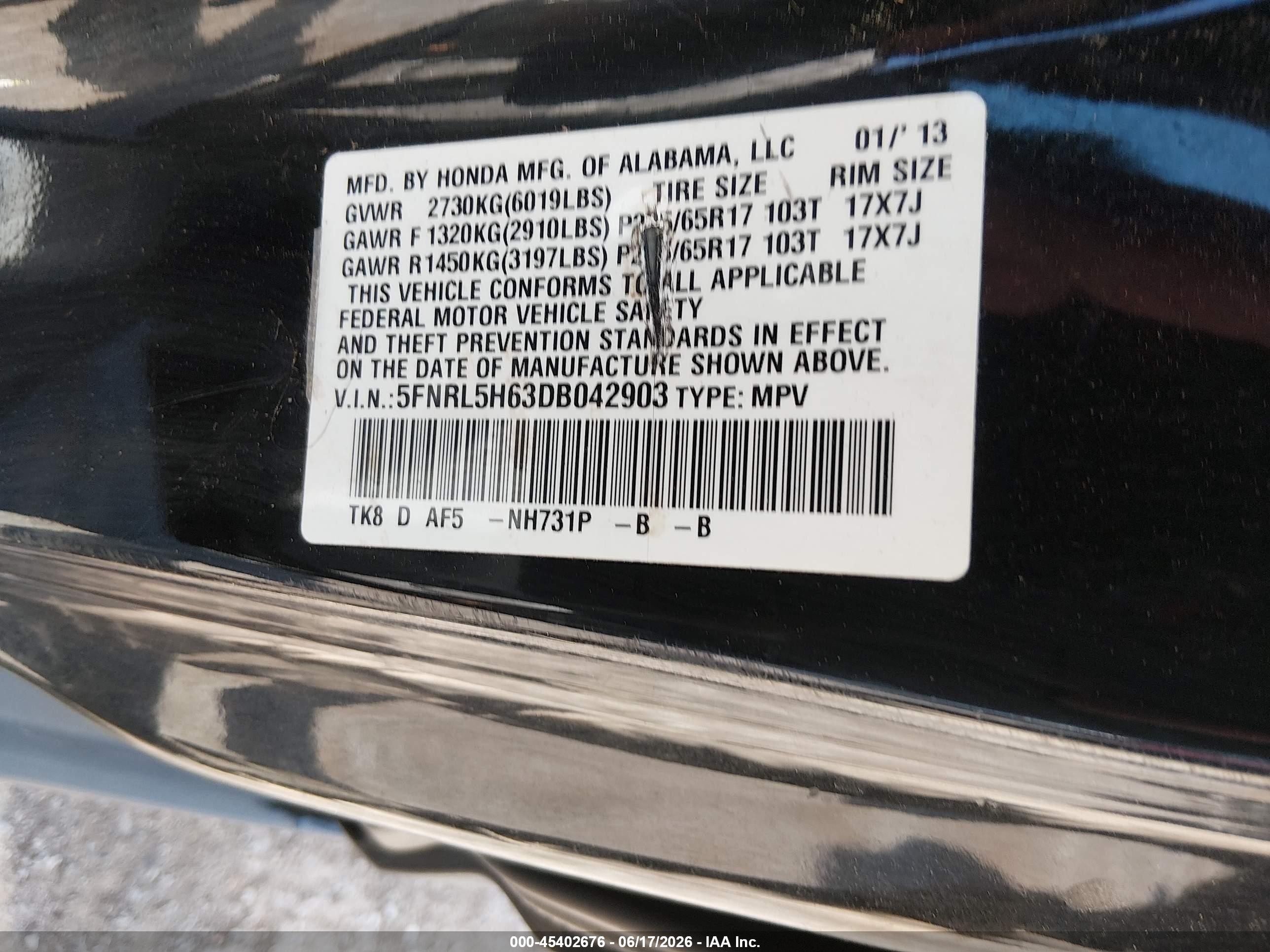 2013 Honda Odyssey Ex-l Black vin: 5FNRL5H63DB042903
