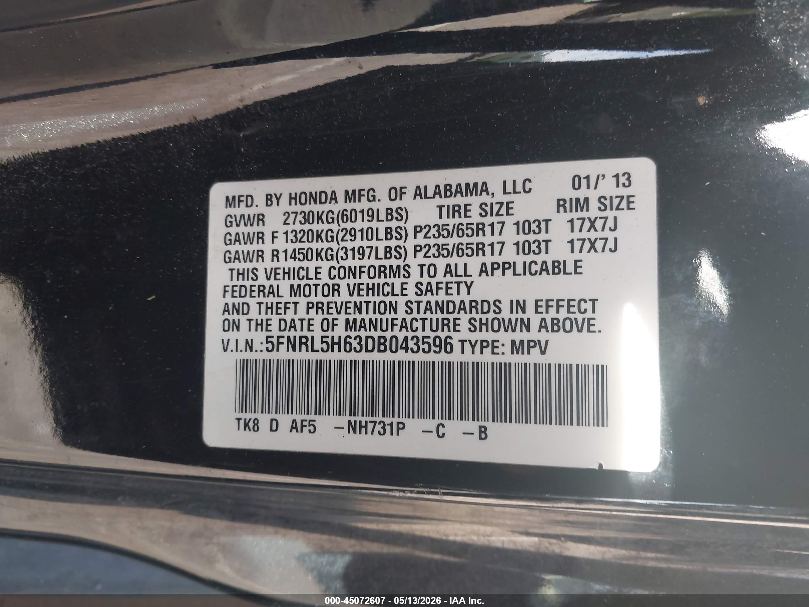 2013 Honda Odyssey Ex-l Black vin: 5FNRL5H63DB043596