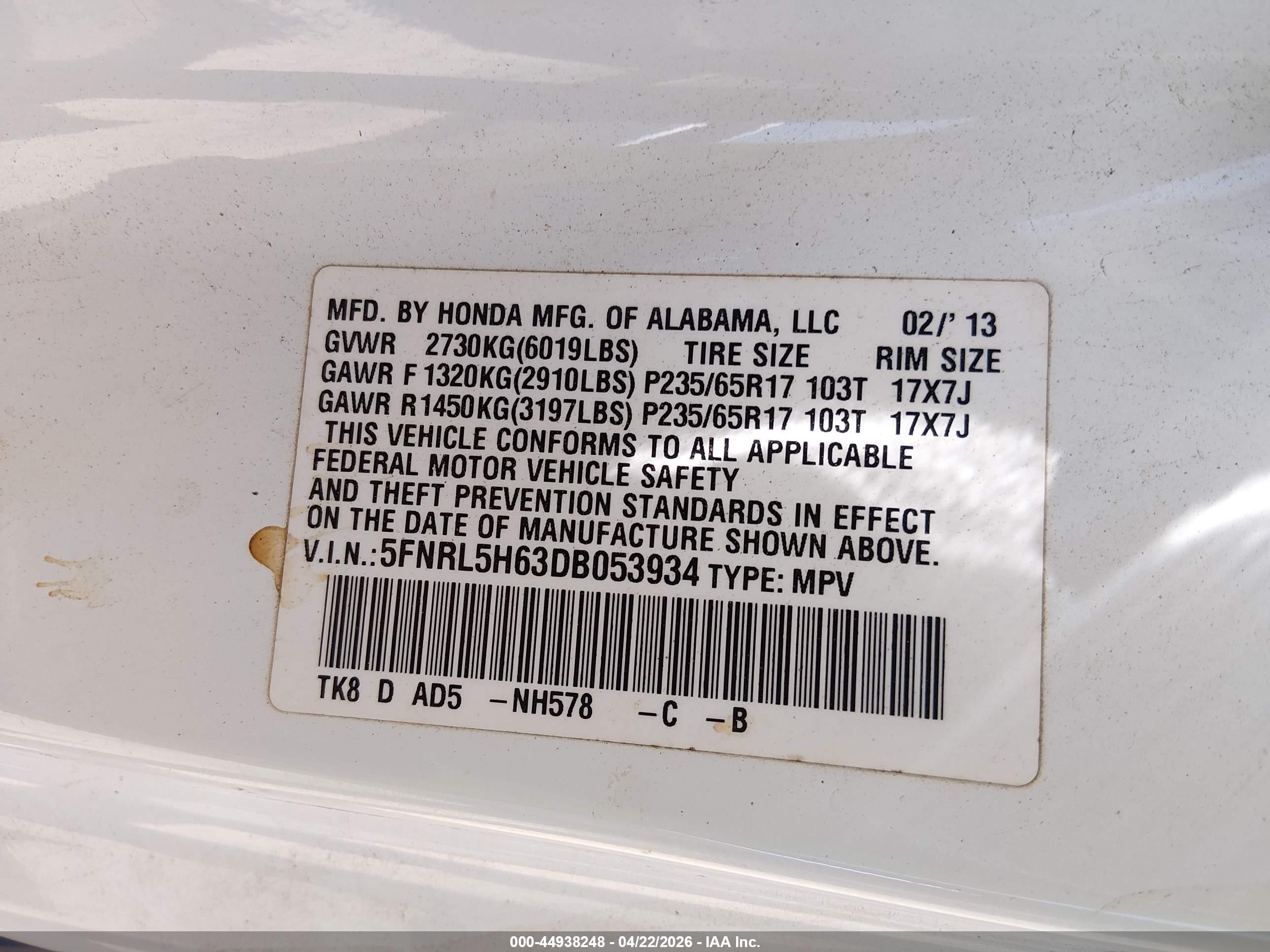 2013 Honda Odyssey Ex-l White vin: 5FNRL5H63DB053934