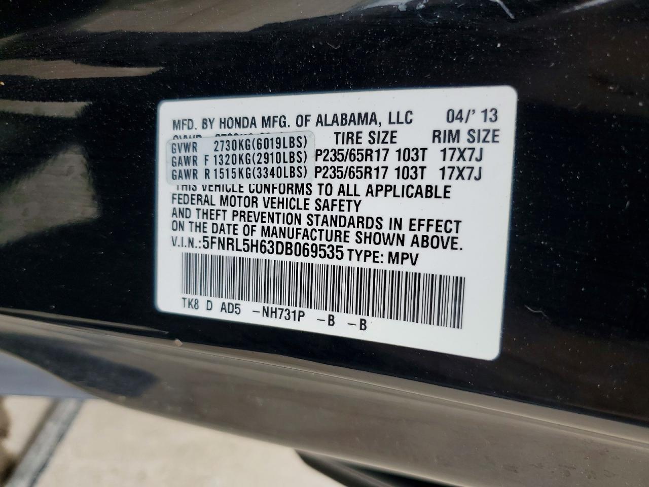 2013 Honda Odyssey Exl Black vin: 5FNRL5H63DB069535