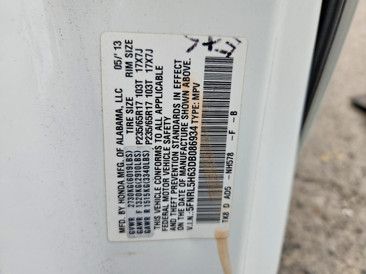 2013 Honda Odyssey Exl White vin: 5FNRL5H63DB086934