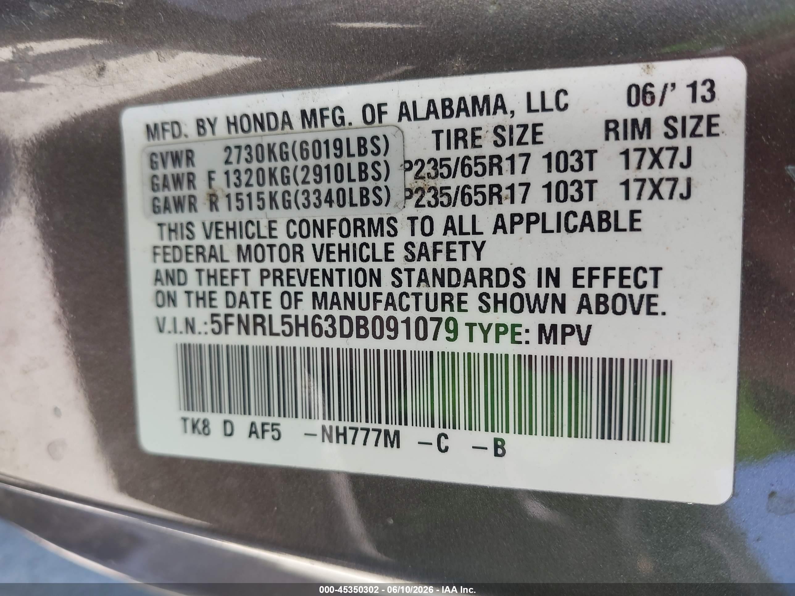 2013 Honda Odyssey Ex-l Gray vin: 5FNRL5H63DB091079