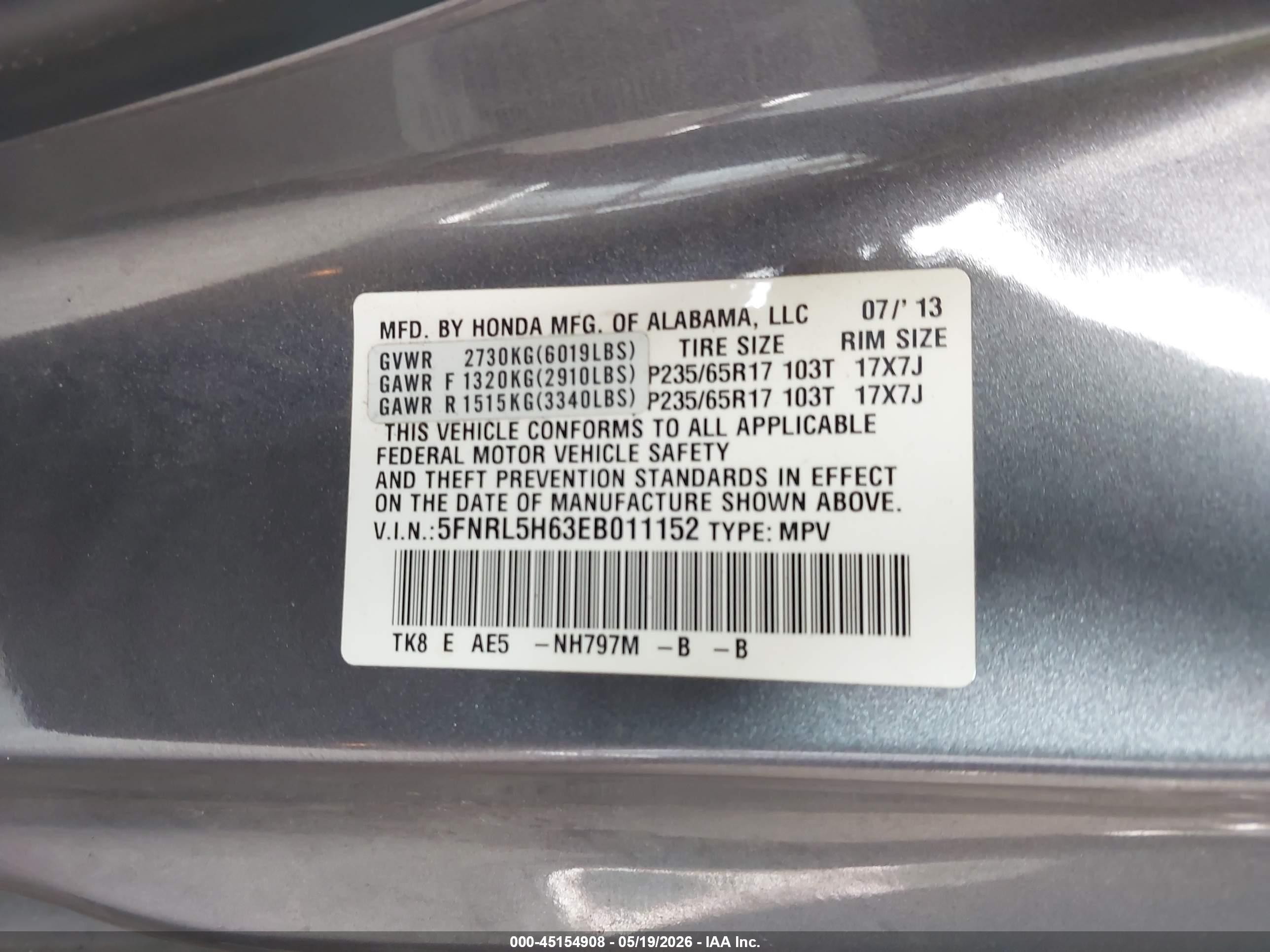 2014 Honda Odyssey Ex-l Gray vin: 5FNRL5H63EB011152