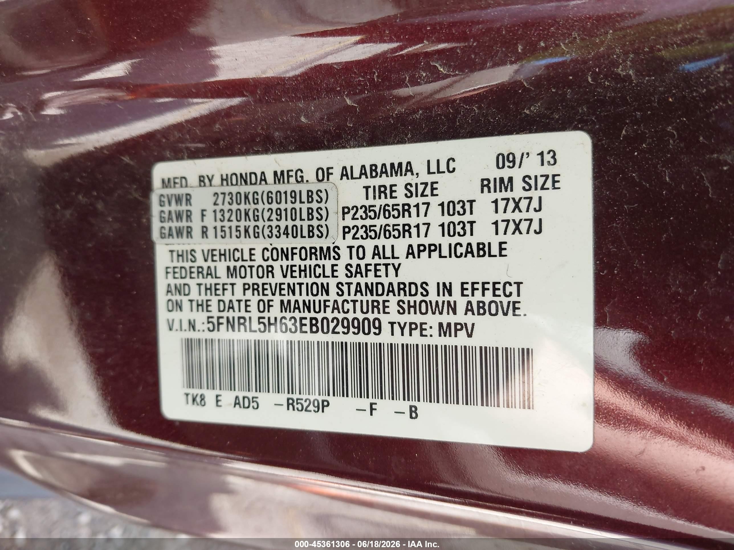 2014 Honda Odyssey Ex-l Purple vin: 5FNRL5H63EB029909