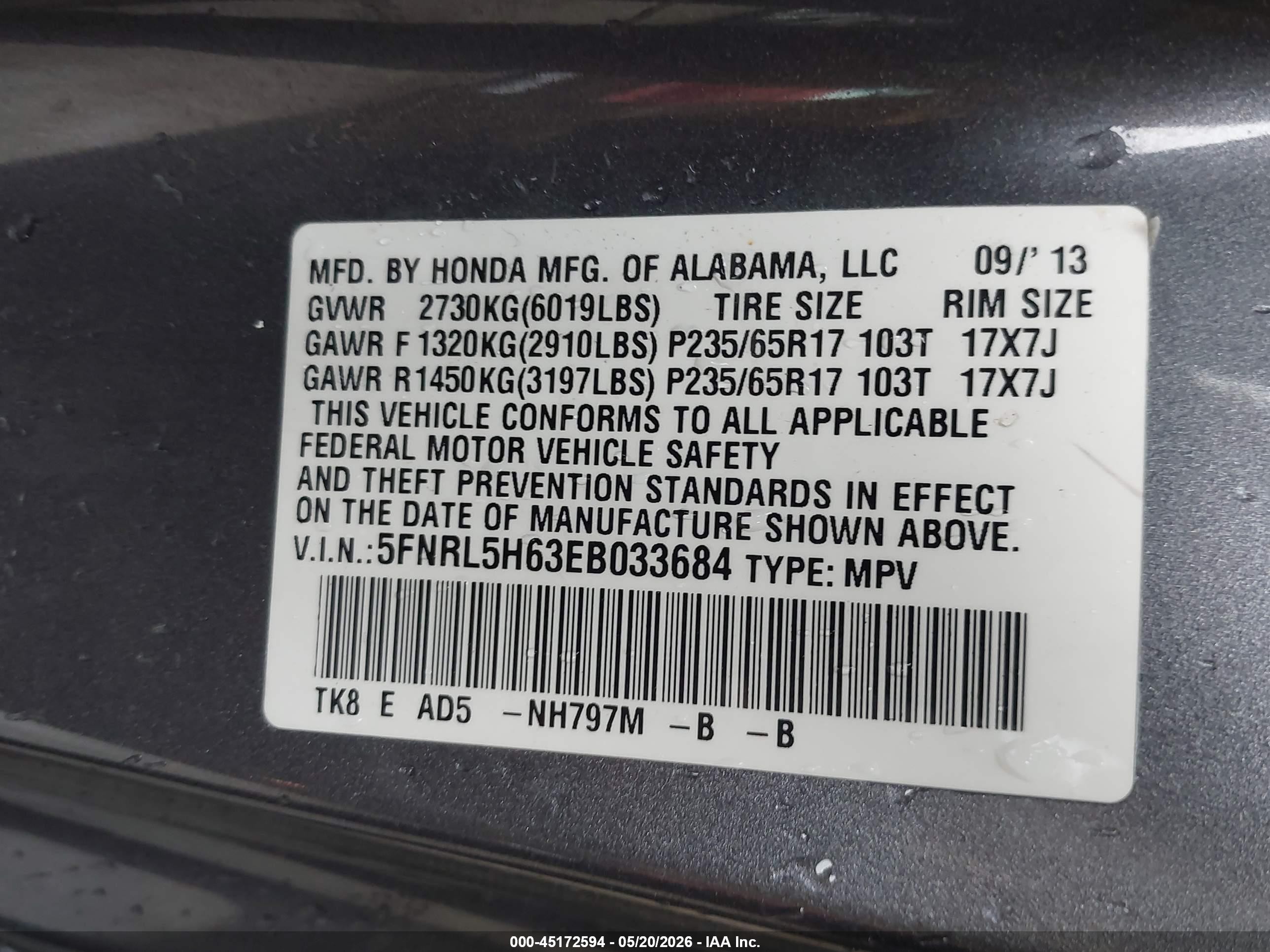 2014 Honda Odyssey Ex-l Gray vin: 5FNRL5H63EB033684