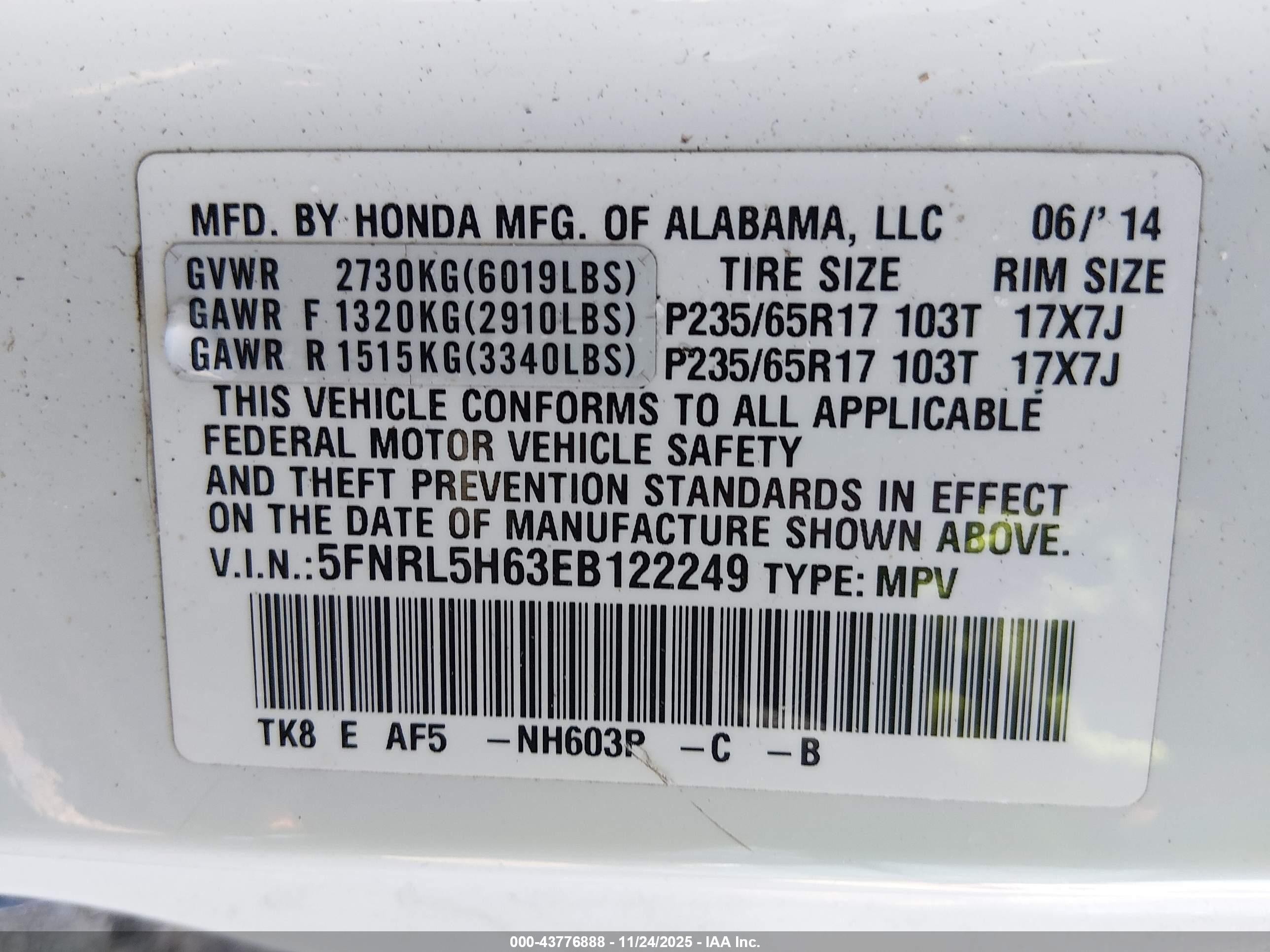 2014 Honda Odyssey Ex-l White vin: 5FNRL5H63EB122249