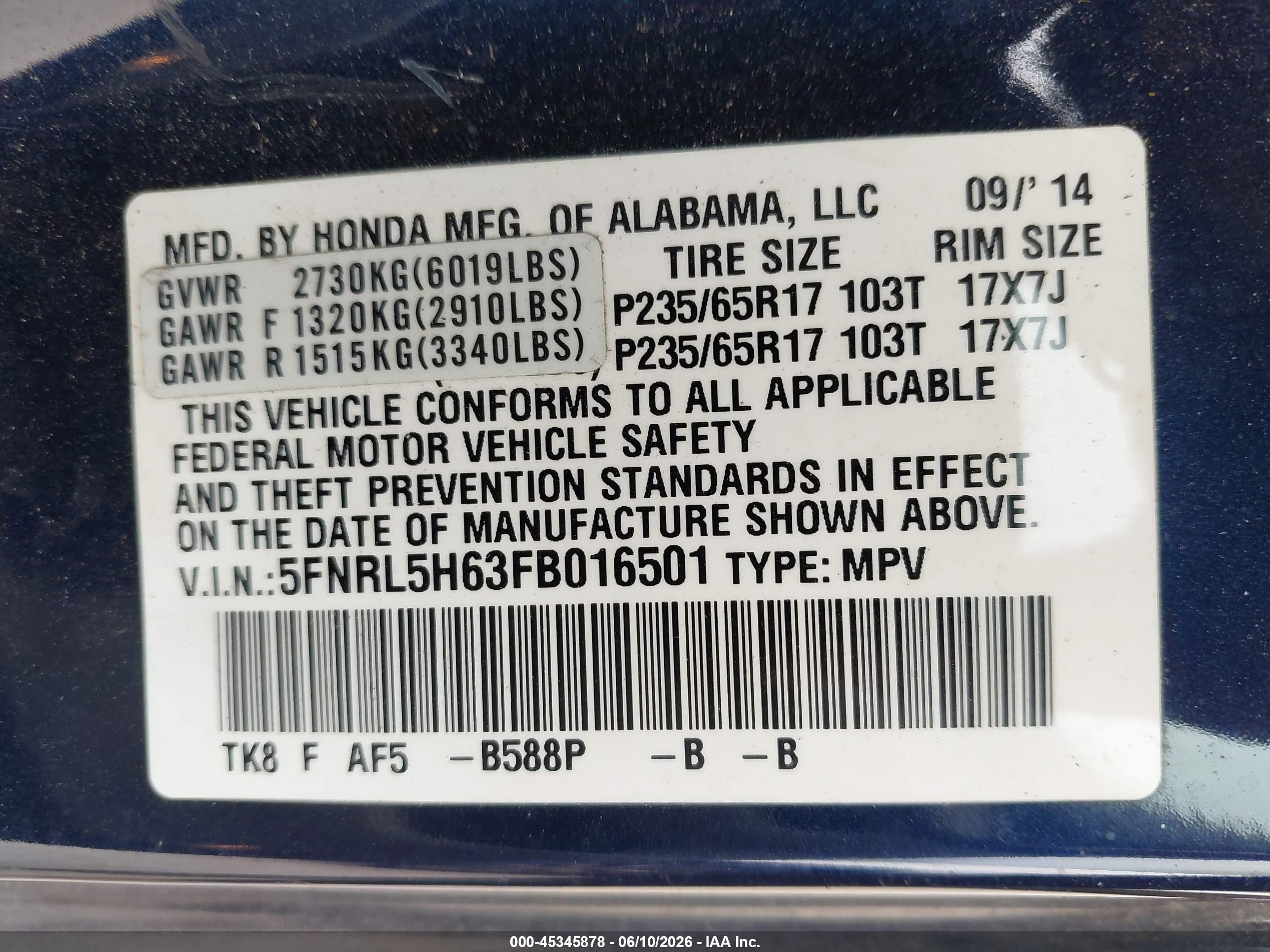 2015 Honda Odyssey Ex-l Blue vin: 5FNRL5H63FB016501