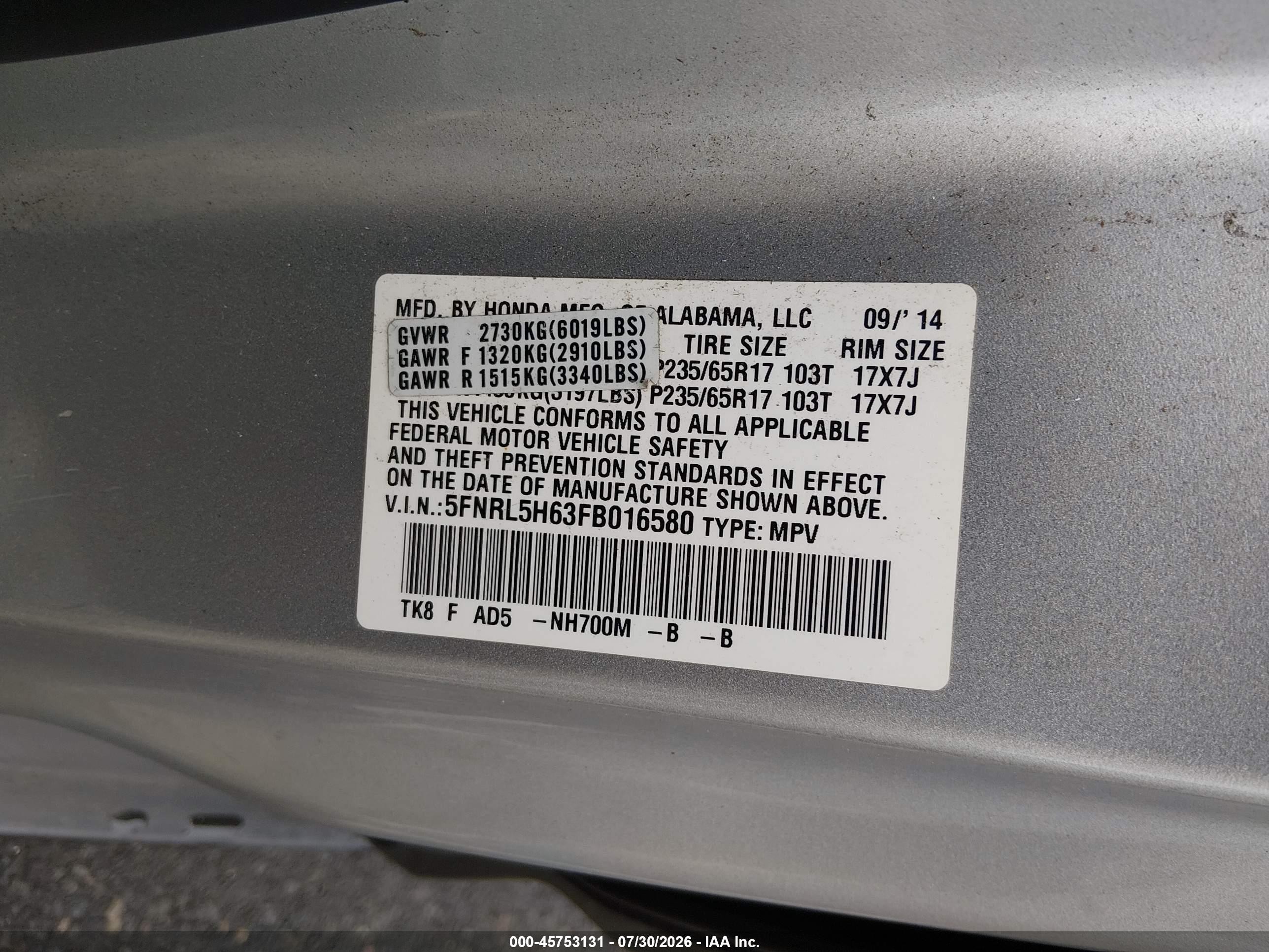2015 Honda Odyssey Ex-l Silver vin: 5FNRL5H63FB016580