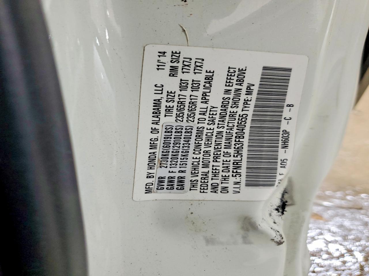 2015 Honda Odyssey Exl White vin: 5FNRL5H63FB040555