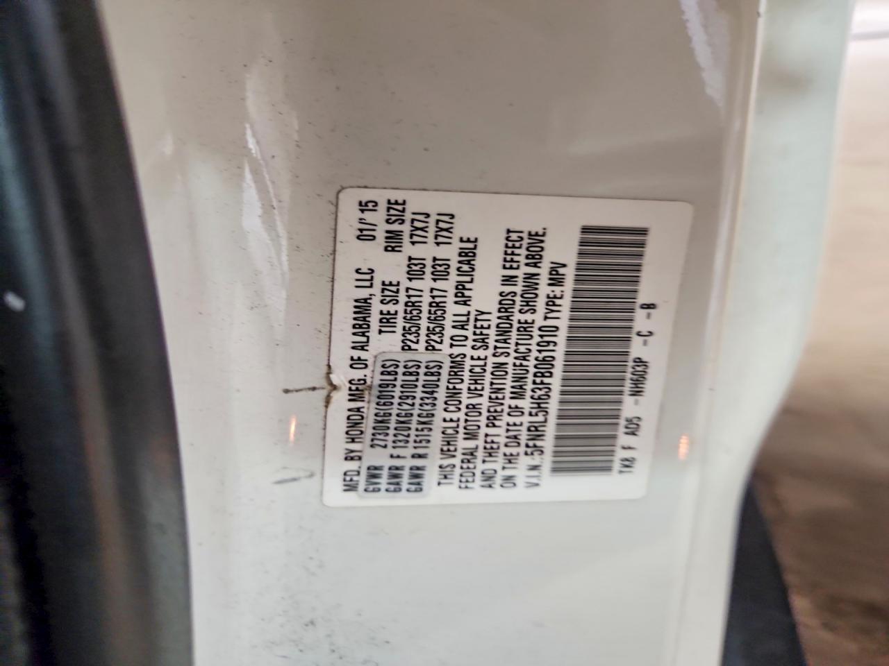2015 Honda Odyssey Exl White vin: 5FNRL5H63FB061910