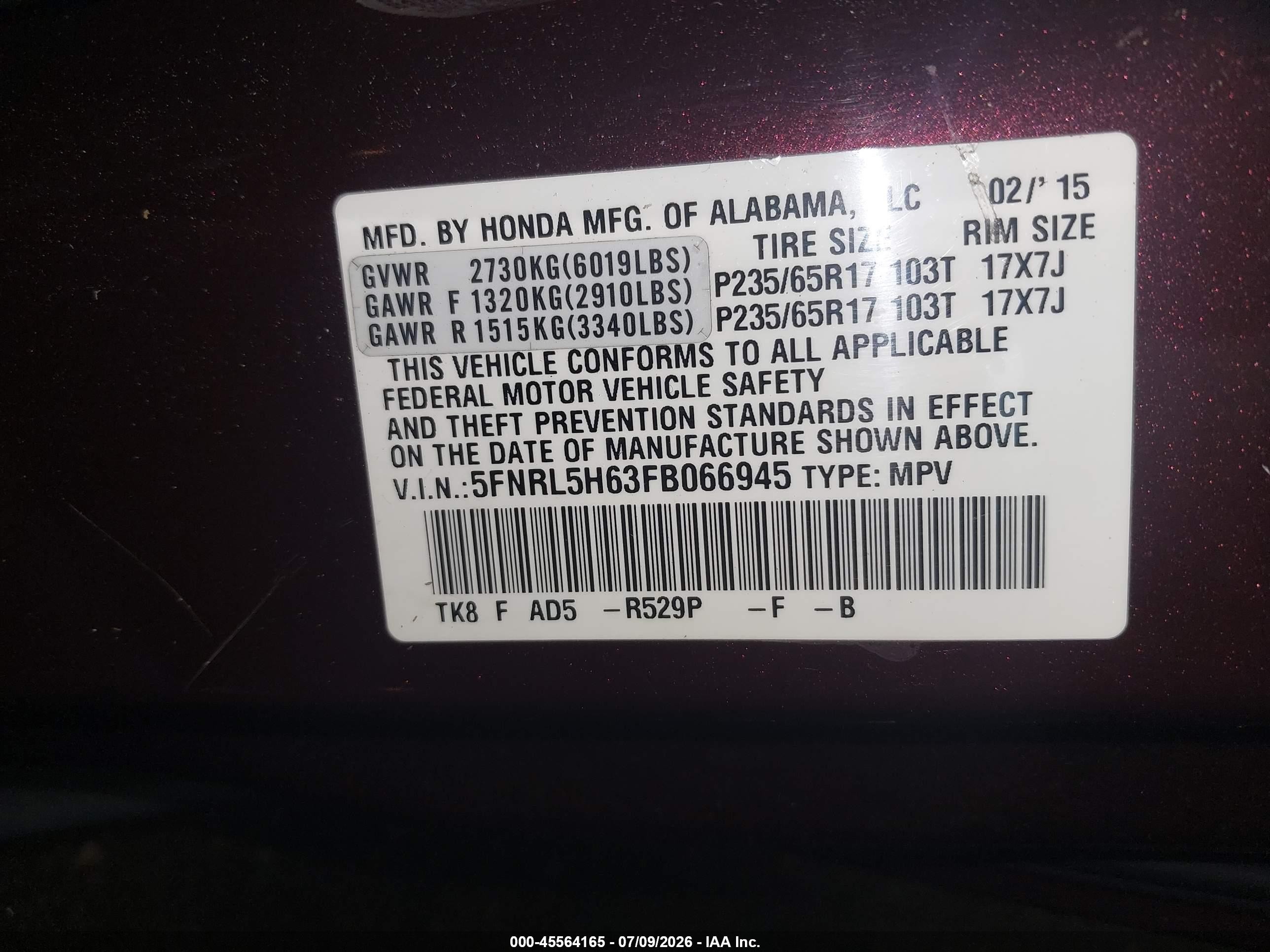 2015 Honda Odyssey Ex-l Burgundy vin: 5FNRL5H63FB066945