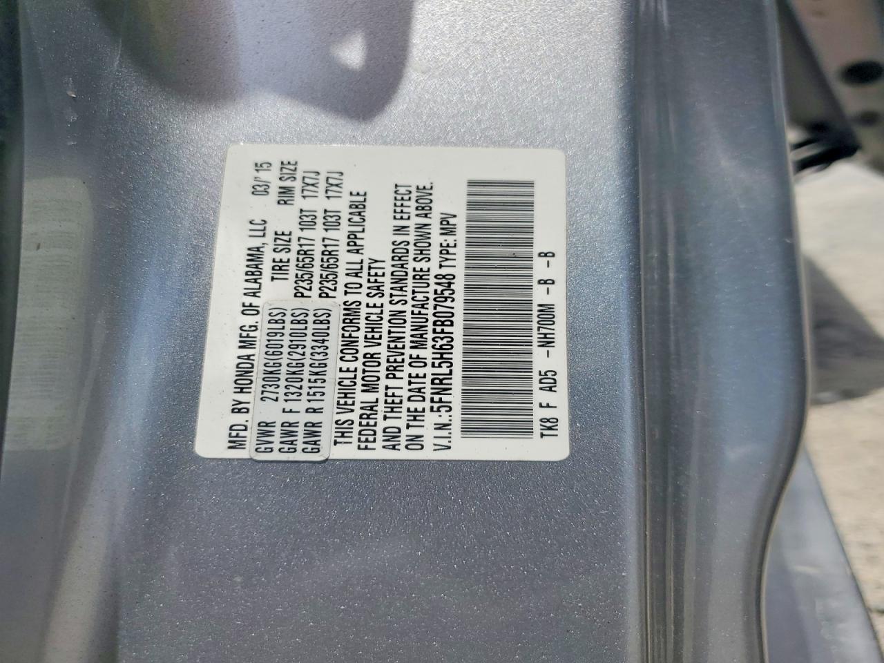 2015 Honda Odyssey Exl Серебряный vin: 5FNRL5H63FB079548