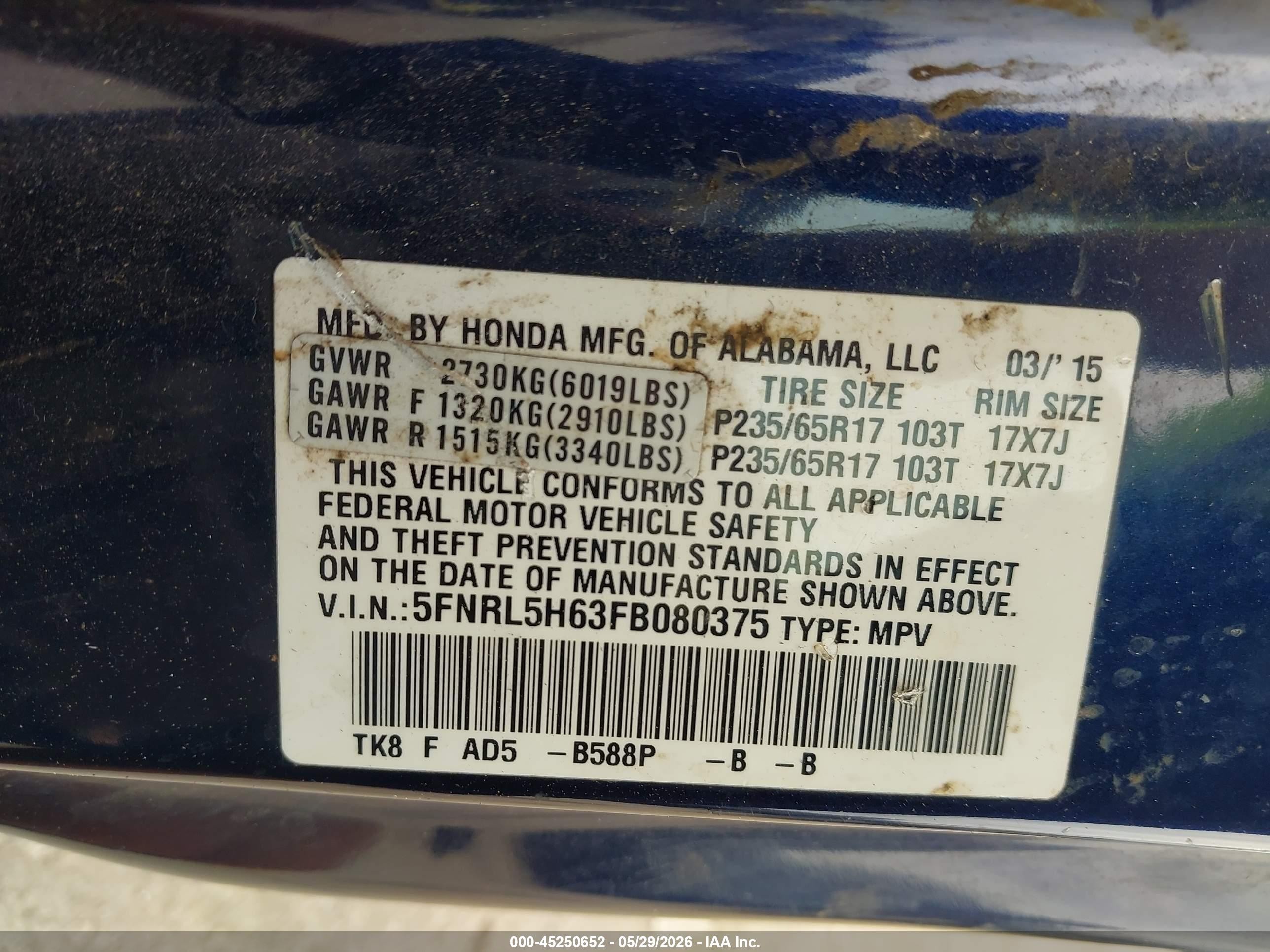 2015 Honda Odyssey Ex-l Blue vin: 5FNRL5H63FB080375