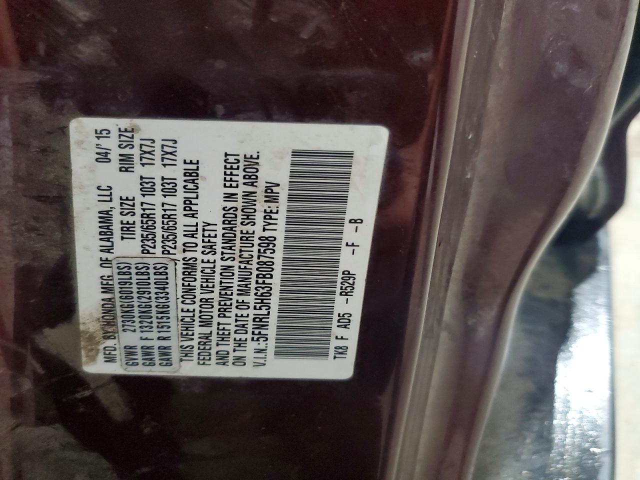 2015 Honda Odyssey Exl Maroon vin: 5FNRL5H63FB087598