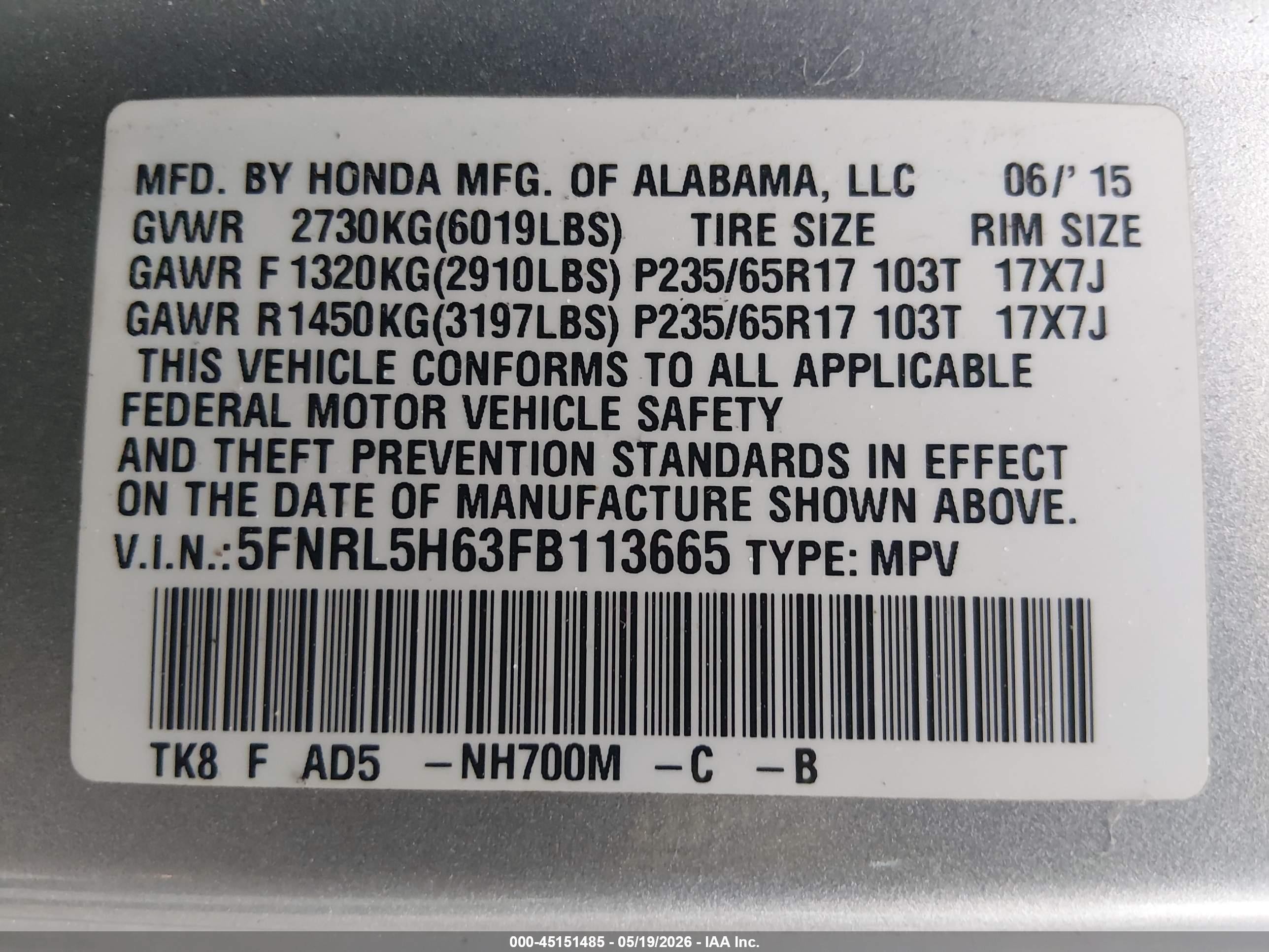 2015 Honda Odyssey Ex-l Silver vin: 5FNRL5H63FB113665