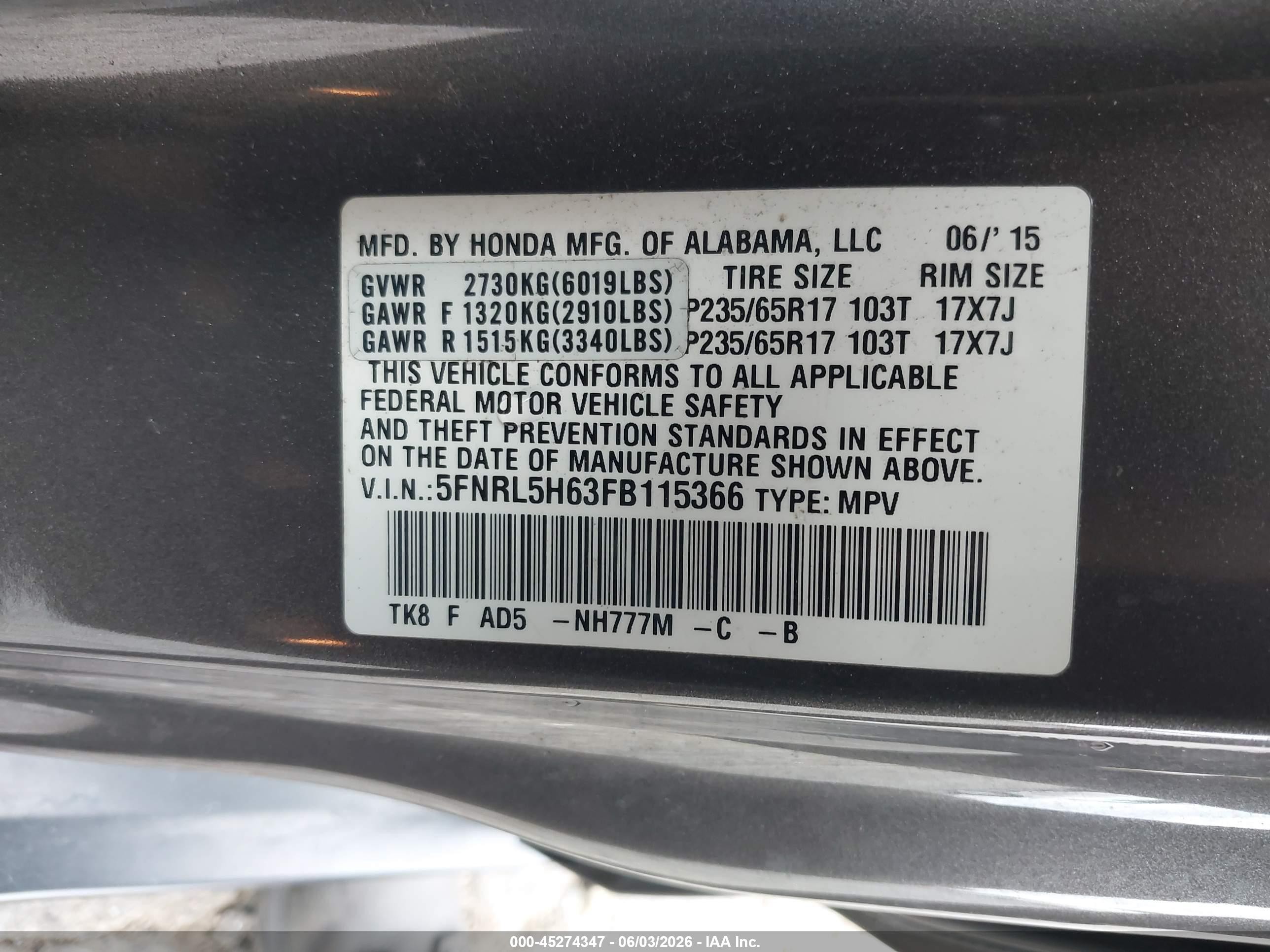 2015 Honda Odyssey Ex-l Gray vin: 5FNRL5H63FB115366